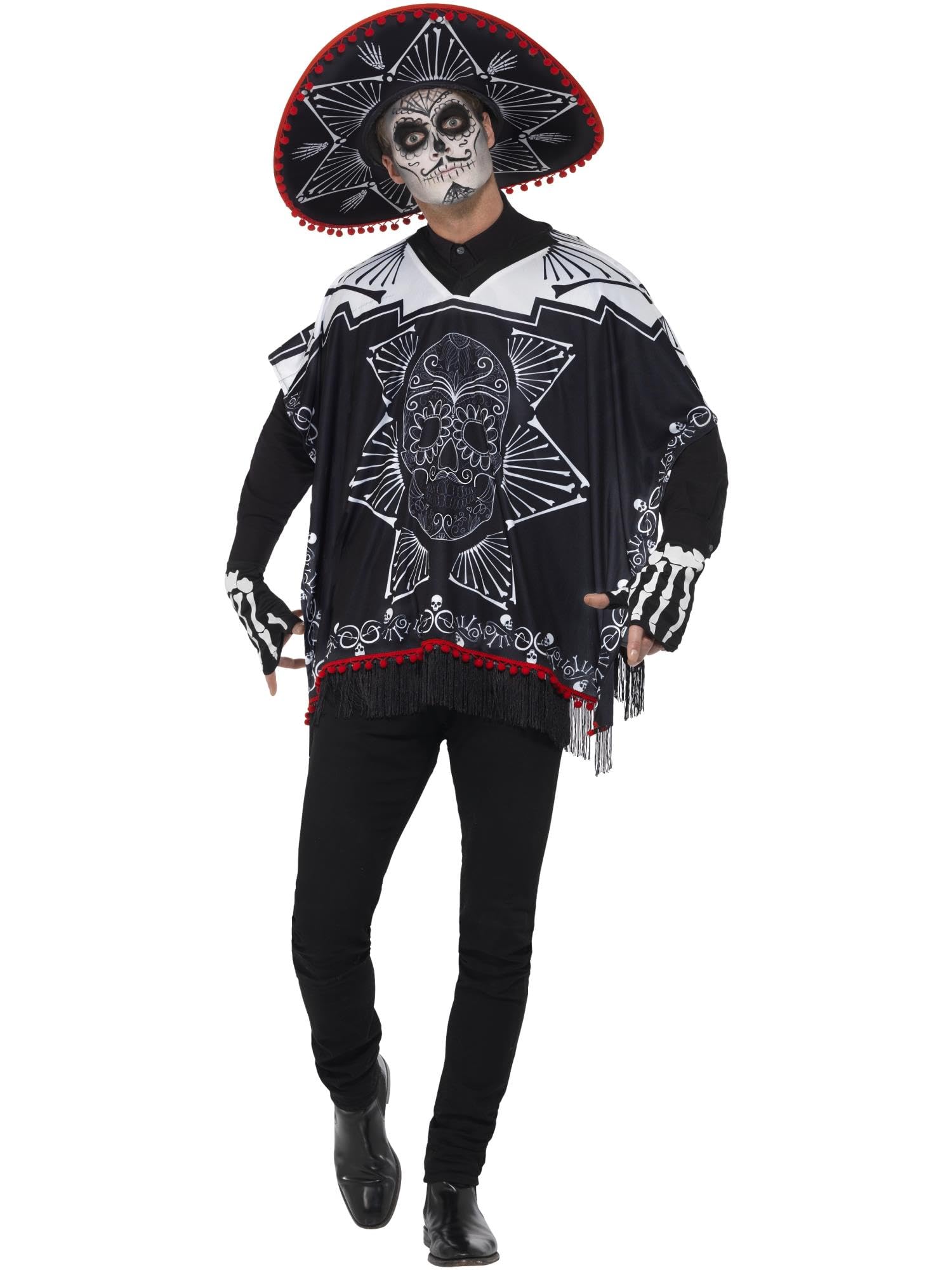 Smiffys Costume de bandit du jour des morts, noir et blanc avec poncho, ombrero et gants, costume de fête mexicaine des morts pour Halloween