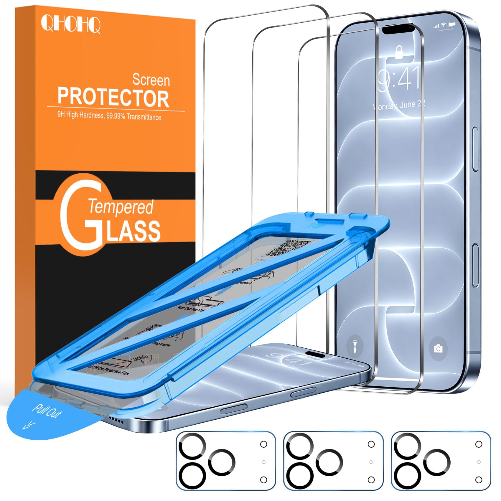 QHOHQ Verre Trempé pour iPhone 18 Pro, 9H+ Protection écran, 3+3 Pièces | avec Caméra Arrière Protecteur, Installation Auto‑Alignée Sans Bulles, HD Transparent, Anti-Rayures, Compatible avec Coque