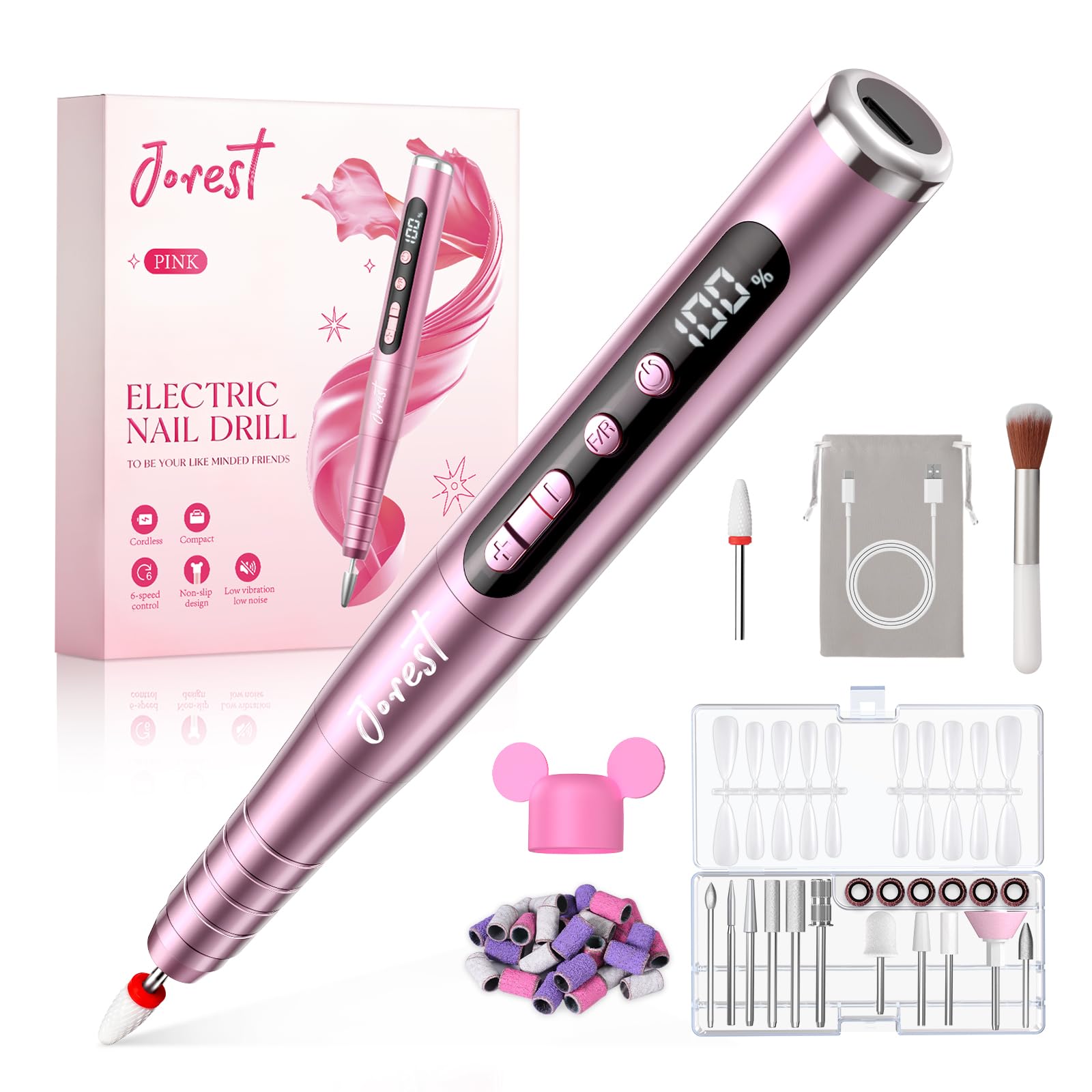 JOREST Lime a Ongle Electrique, Ponceuse pour Ongles Sans Fil 13 en 1, Ponceuse Pieds Pédicure Professionnel, 35000 tr/min, 6 Vitesses Réglables, Convient Aux Débutants, Portable et Rechargeable