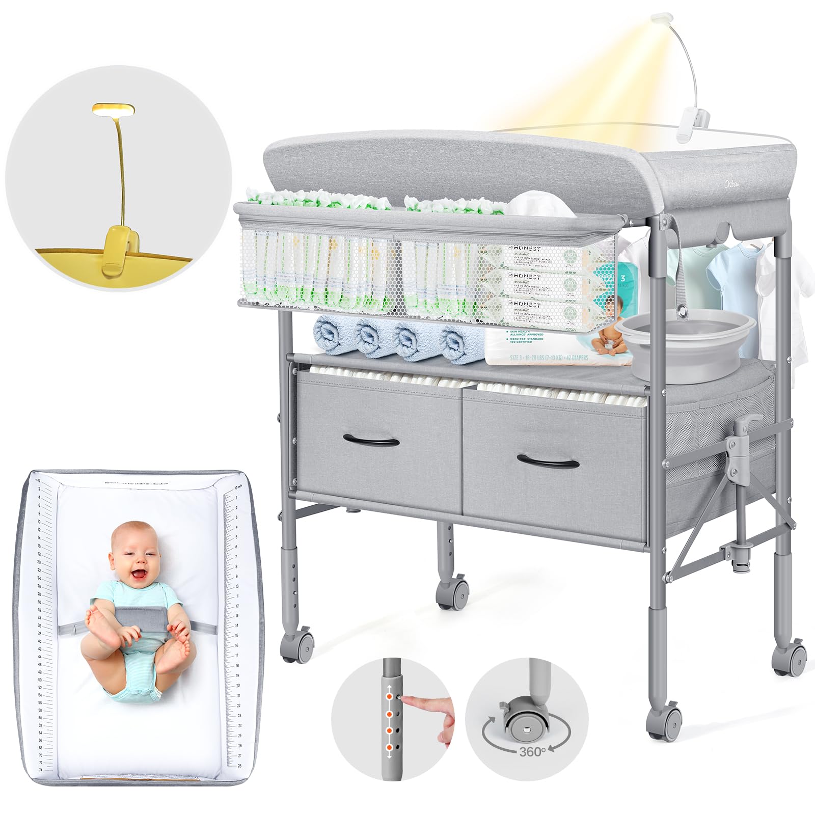 Table a Langer Bebe avec Tiroir et Veilleuse, Hauteur Réglable, Gris | Table à Langer Pliable avec Sangle de Sécurité, Espace de Stockage Extra Large, Mobile Commode a Langer Bebe