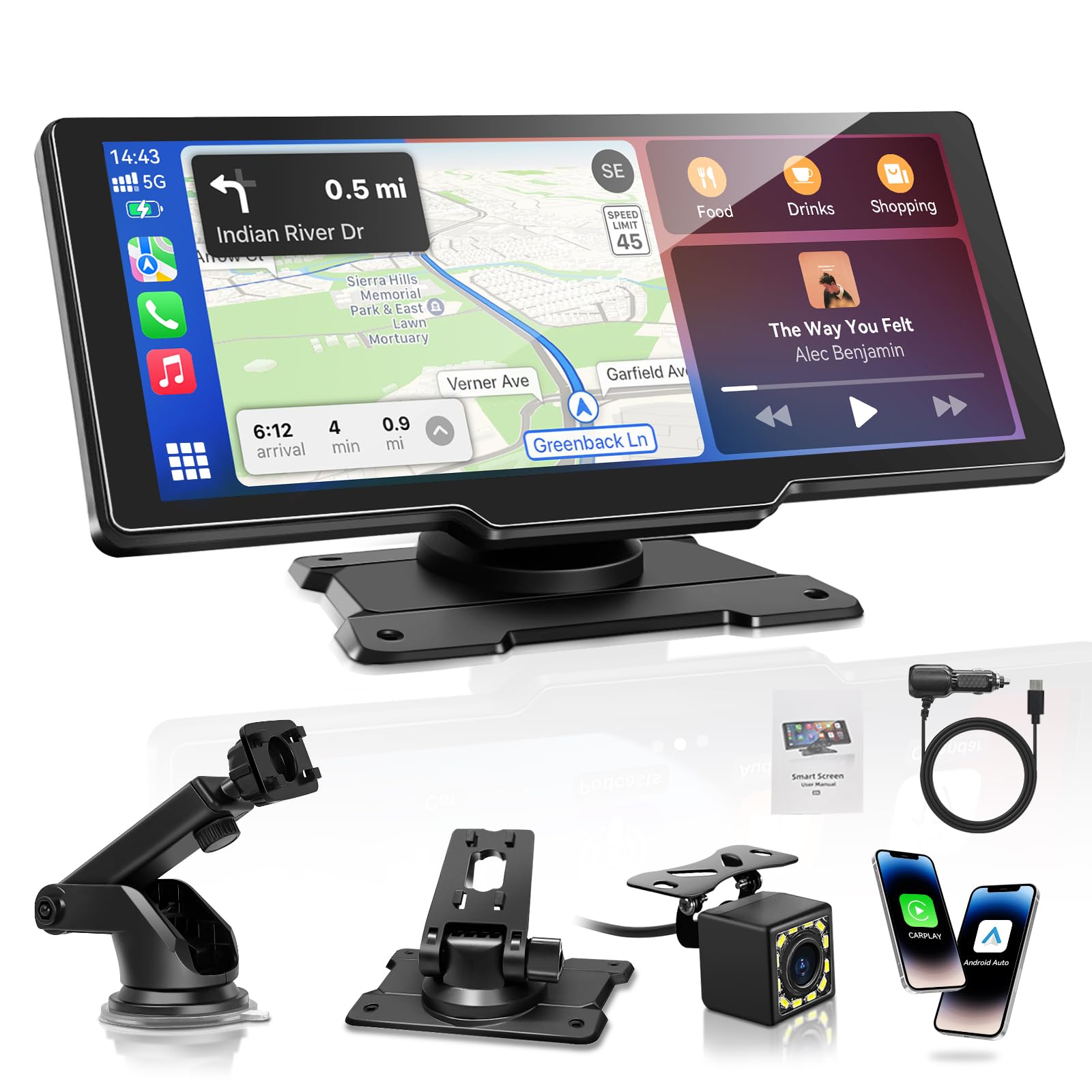 Écran Carplay portable Voiture de 10,26 pour Apple Carplay & Android Auto | avec 1080P Caméra de Recul, Mises à Jour OTA, Airplay, Bluetooth, Navigation GPS, FM, AUX, Assistant Vocal Google/Siri