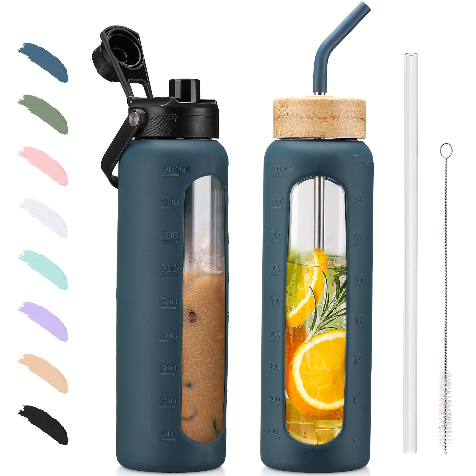 BLUEGO 900ML Bouteille d'eau en Verre et 2 Couvercles Gourde Reutilisable Tasse à Café avec Marqueur de Temps et Protecteur en Silicone Sans BPA pour Enfant et Adultes, Bleu foncé