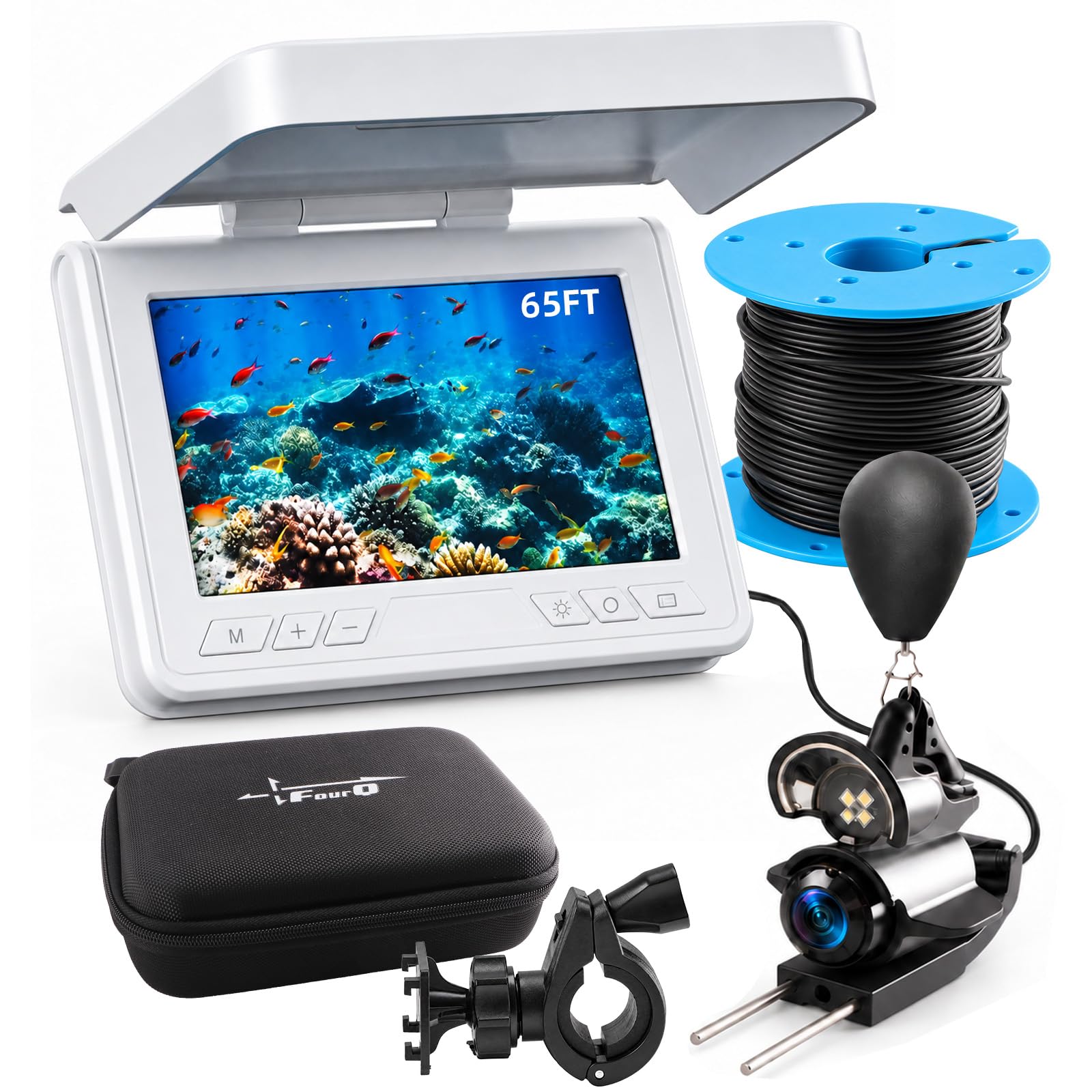 FourQ Caméra de pêche sous-marine, détecteur de poissons vidéo ultra grand angle de 220 ° avec écran LCD HD de 10,9 cm, batterie 5000 mAh, câble étanche de 20 m et vision nocturne infrarouge pour