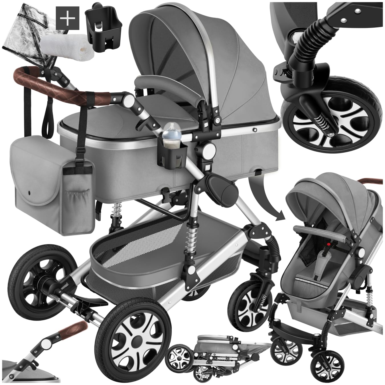 tectake® Poussette combinée Pliable 0-36 mois avec Nacelle & Poussette canne Siège sport Panier Harnais 5 points Poussette compacte Poussette voyage Accessoires Bébé Nouveau né Enfant Baby stroller