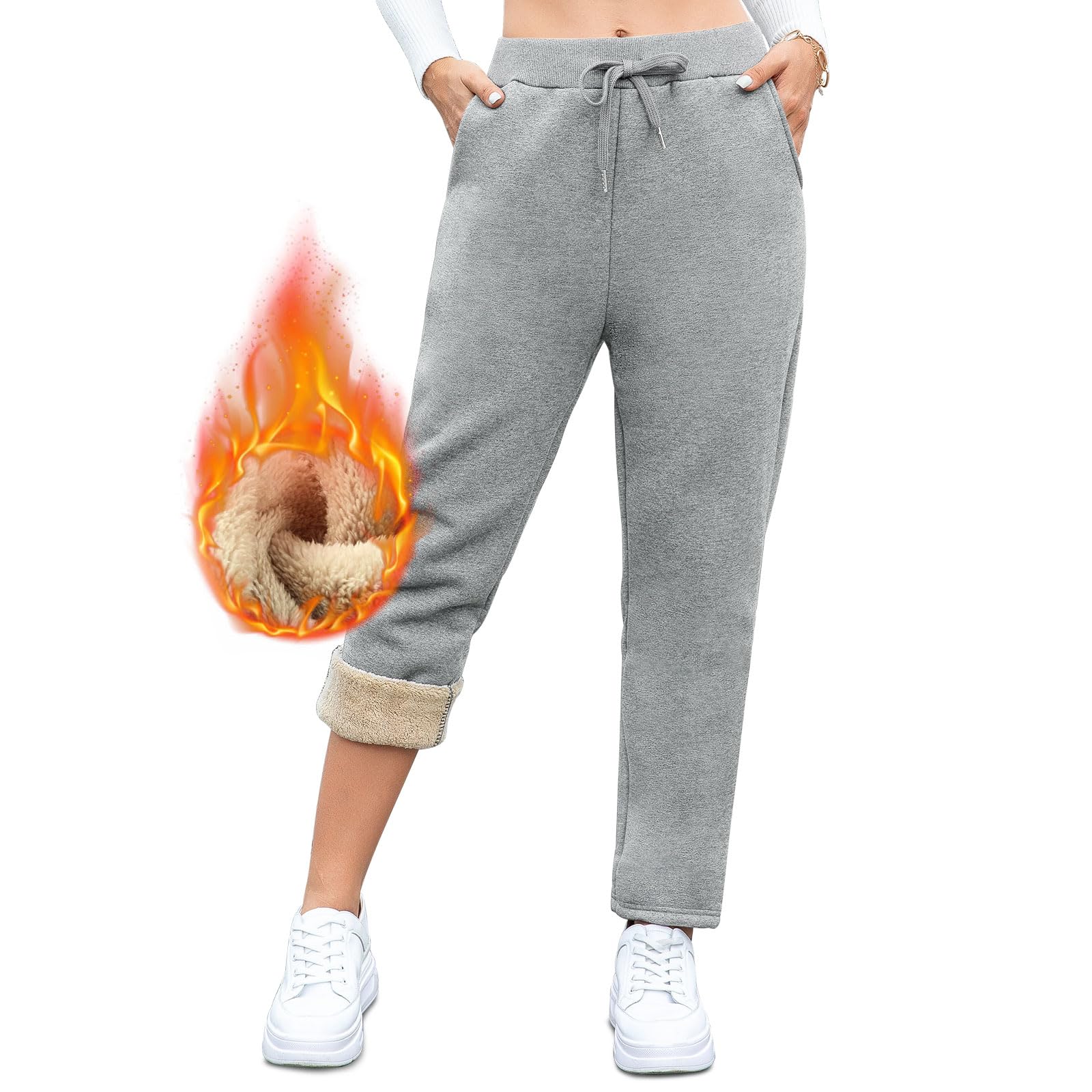 Vorvowry Pantalon Polaire Femme Chaud Jogging Hiver avec Poches | Jogging Femme Chaud Doublé Polaire, Pantalon Hiver Confortable avec Taille Élastique et Cordon pour Maison et Loisirs