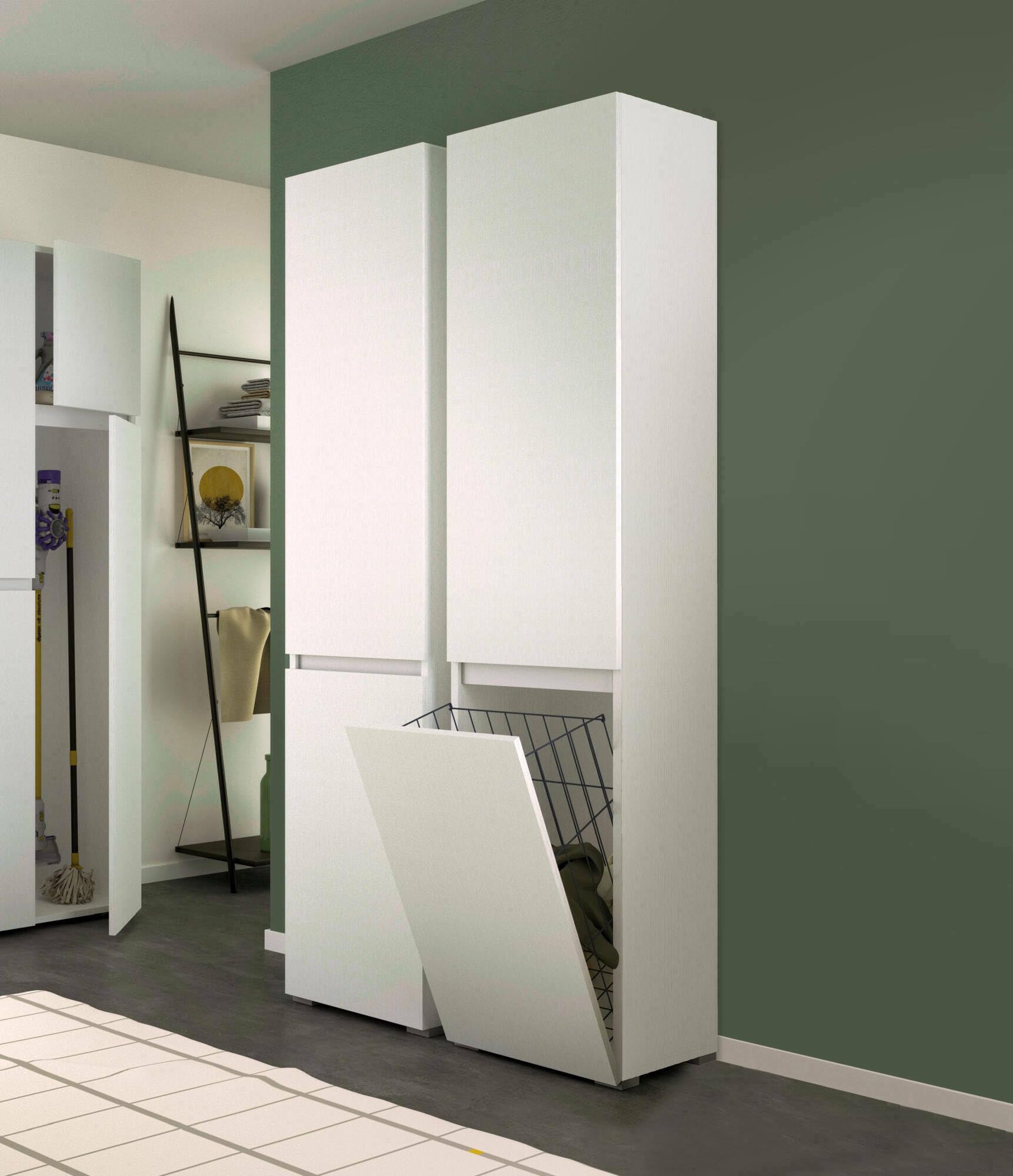 Dmora - Agapanto Armoire Polyvalente 2 Portes, buanderie 2 Portes, Colonne de Salle de Bain avec Panier à Linge, 100% Made in Italy, 45x37h195 cm, Blanc