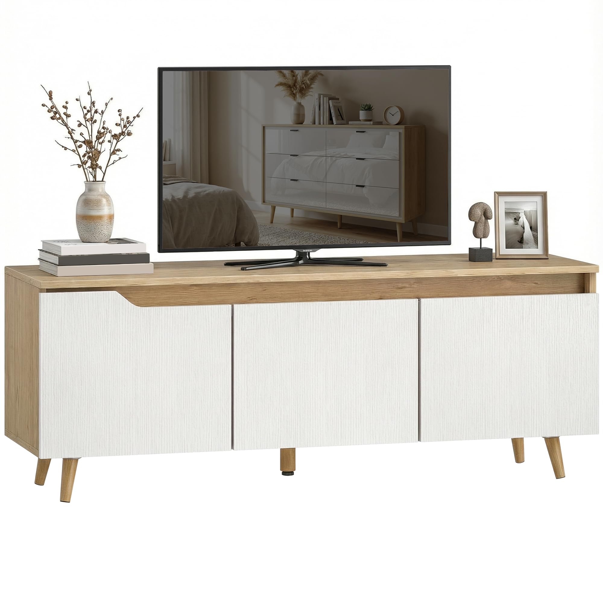 HOMCOM Meuble TV 120 cm pour Téléviseur jusqu'à 55 Pouces Chêne Blanc | Meuble Télé, 3 Portes, Étagère Réglable, 4 Passe-Câbles, 5 Pieds Bois Pin, Banc TV, Salon, Chambre