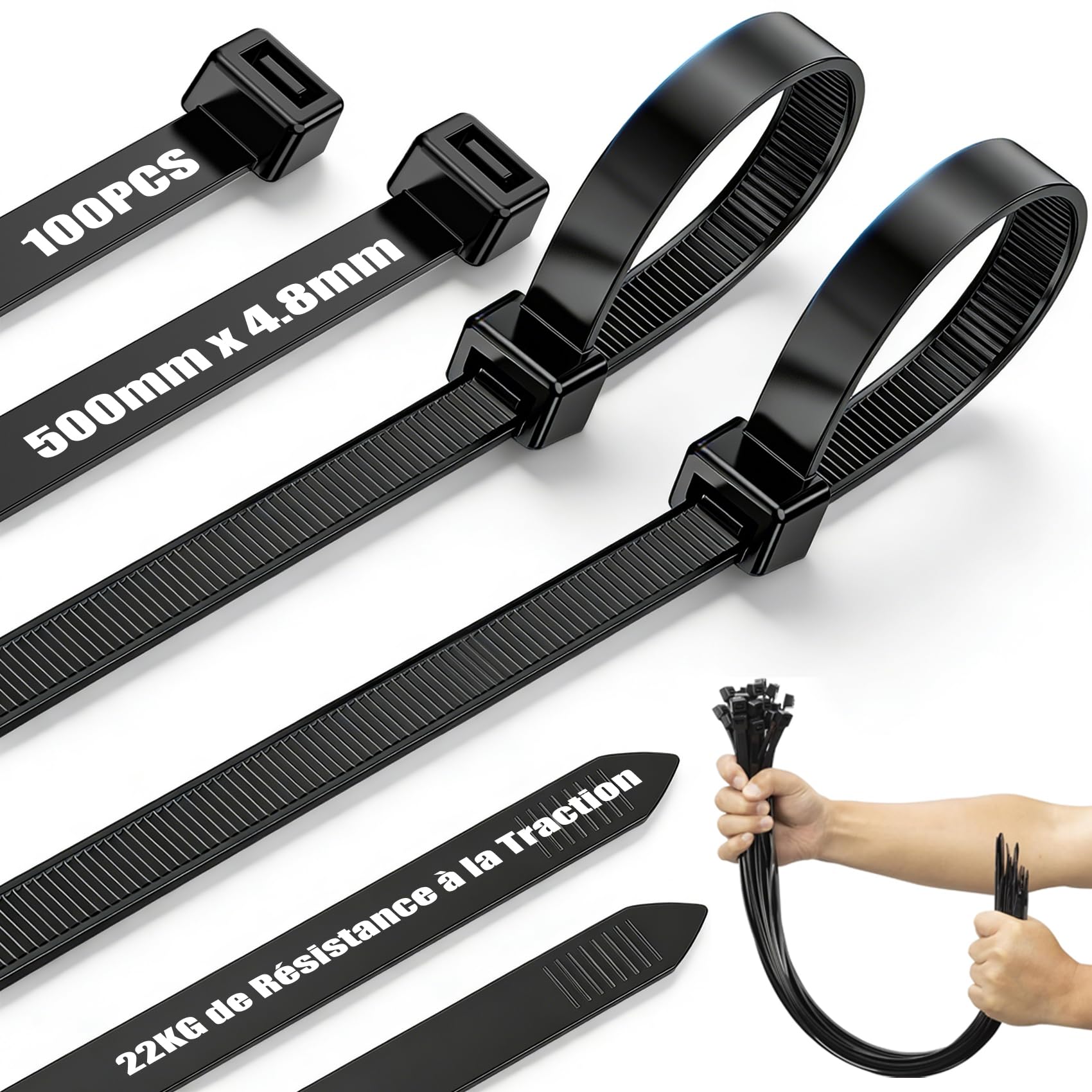 Attaches Câble Extralongue Noir, Serre Cable Réutilisable pour Cable Management 100Pièces 500mm x 4.8mm, Collier de Serrage la Traction de 22kg PourJardinage, Atelier, Intérieur et Extérieur