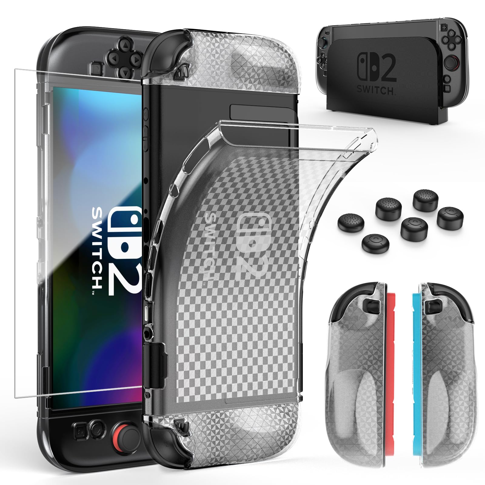HEYSTOP Coque pour Nintendo Switch 2 Dockable, Protection TPU Transparente | Souple pour Nintendo Switch 2 avec Protection D'écran en Verre Trempé et 6 Capuchons pour Joysticks