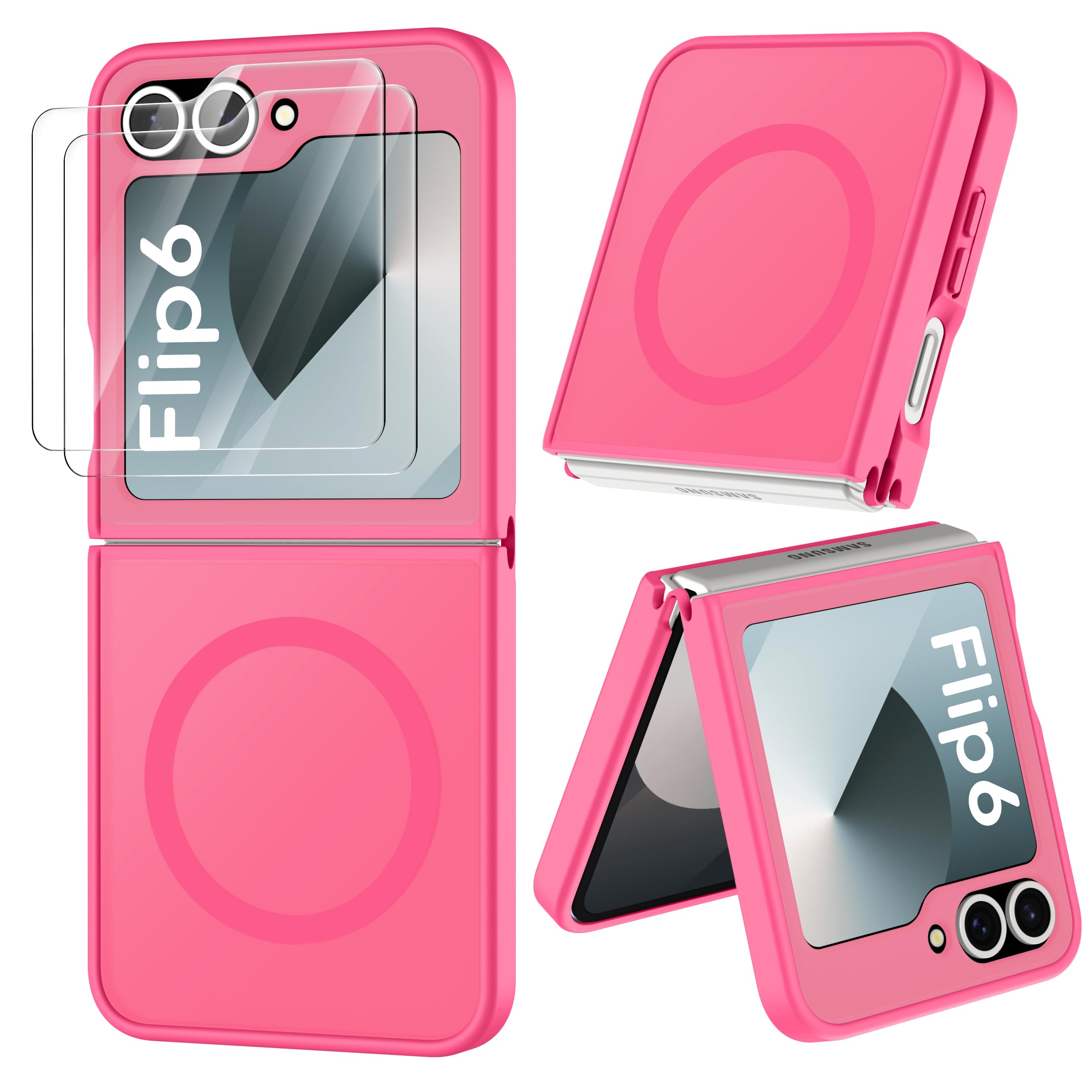 ORETECH Coque pour Samsung Z Flip 6 Compatible avec Mag-Safe, Rose Chaud | avec 2 Verre Trempé, Compatible avec Mag-Safe, Antichoc Rigide Translucide Mat Arrière Coque pour Samsung Galaxy Z Flip 7 FE