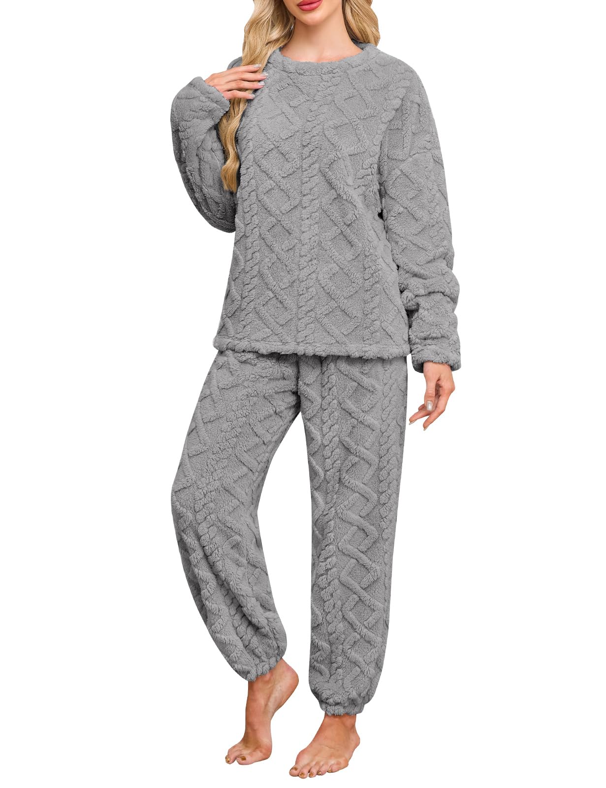 Niwicee Pyjama Femme Hiver Polaire Ensemble de Pyjama Chaud Doux Vêtements de Nuit Femme Pyjama 2 Pièces Manches Longues de Hauts Pantalon avec 2 Poches