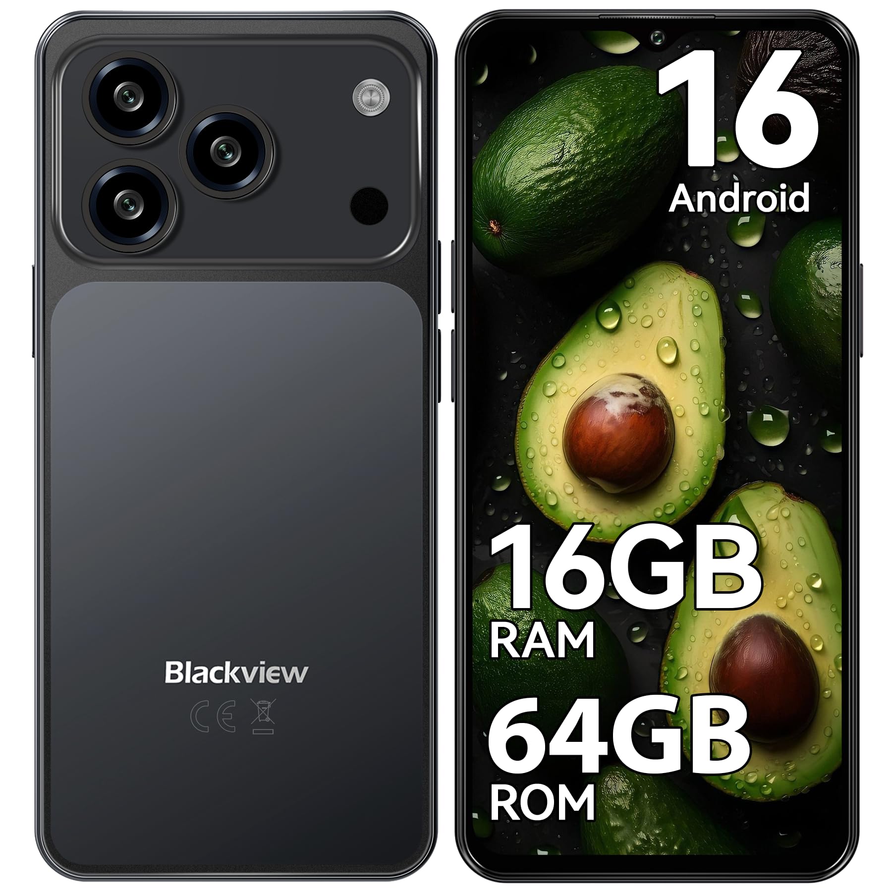 Blackview Wave 7C Telephone Portable Pas Cher Android 16, 16Go+64Go, Noir | Écran 6.56" Smartphone Pas Cher, Batterie 5000mAh Téléphone, Caméra 32MP+13MP, 4G Dual SIM, 3 Slot, Face ID, IP54, 3.5mm Jack