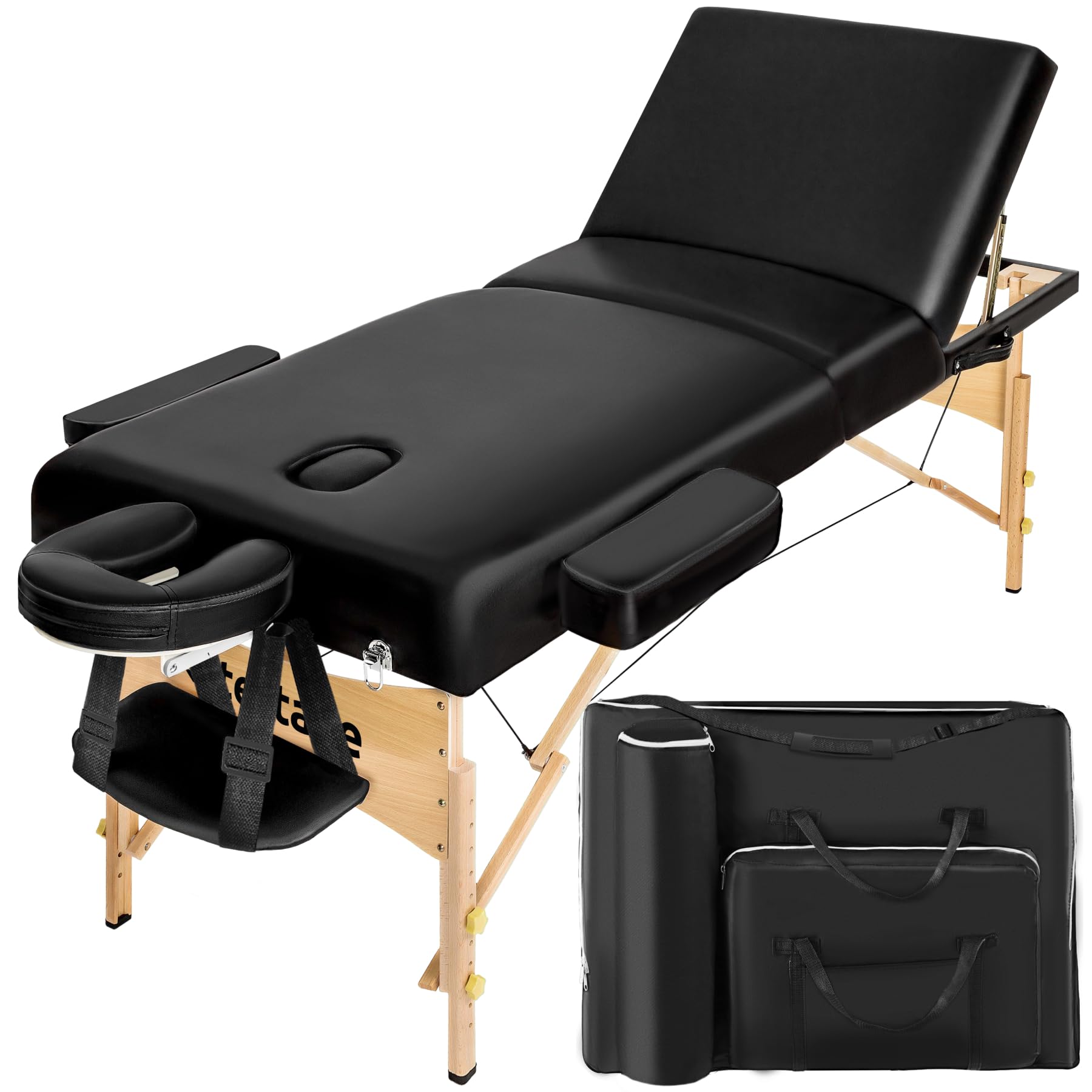 tectake® Table de Massage Pliante Professionnelle 3 Zones Épaisseur de 10 cm Massage et Relaxation Bois Table Esthetique Professionnel Lit de Massage Portable Housse de Transport - Noir
