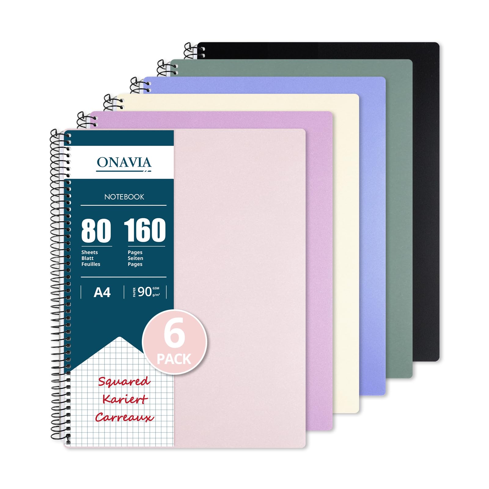 ONAVIA Cahiers A4 Carreaux Lot de 6, 90 g/m² 160 Pages Carnet Multicolore | Carnet de Notes à Carreaux de 5 mm, Bord Perforé à 4 Trous, Couverture en Polyéthylène, Reliure à Spirale