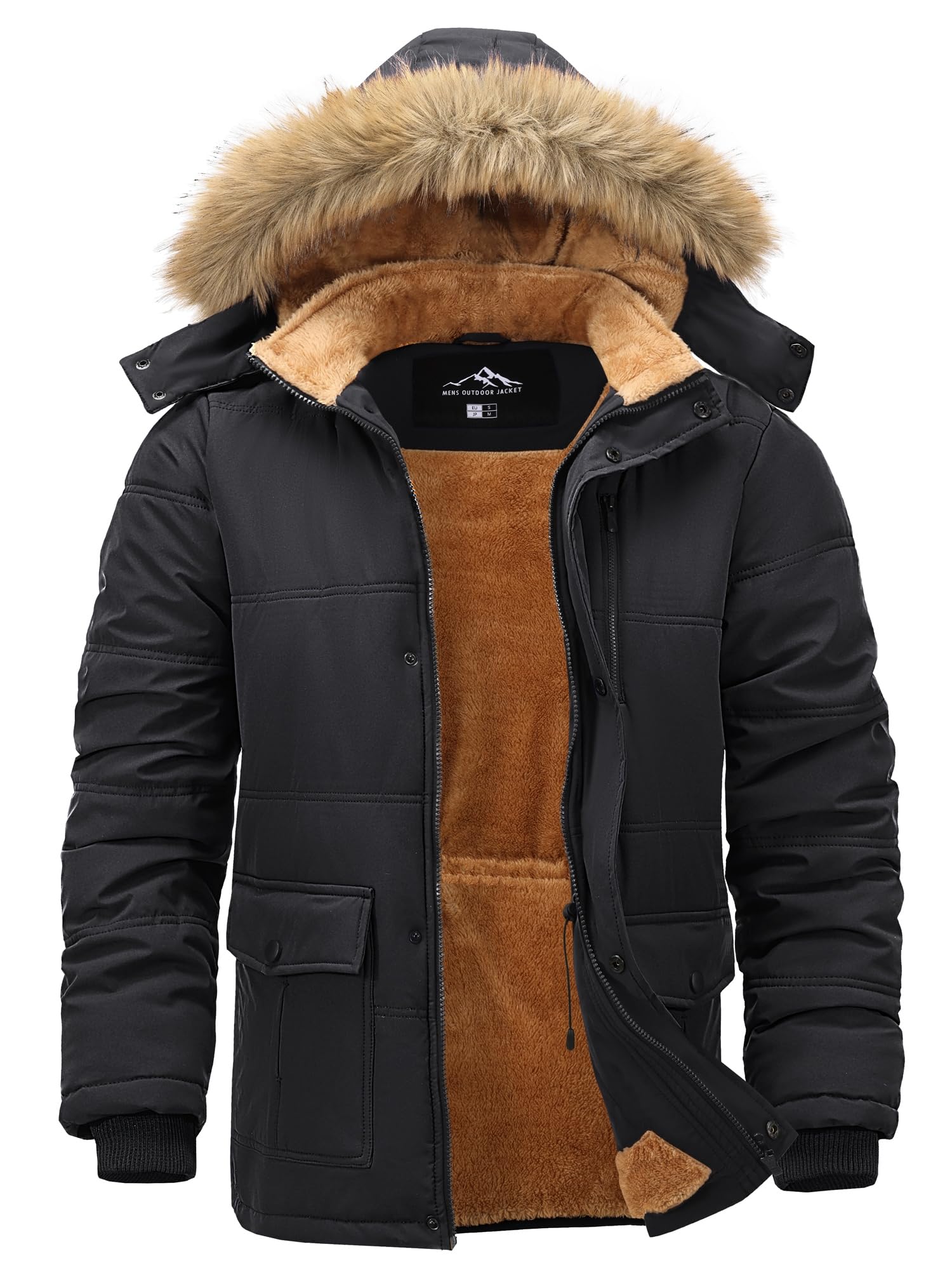 Peakwell Hommes Veste Doublée D'hiver Parka Coupe-Vent Blouson | Doublure Polaire Chaude, Coupe-Vent Déperlant, Capuche Amovible, Multiples Poches Pratiques, Cordon de Serrage Réglable