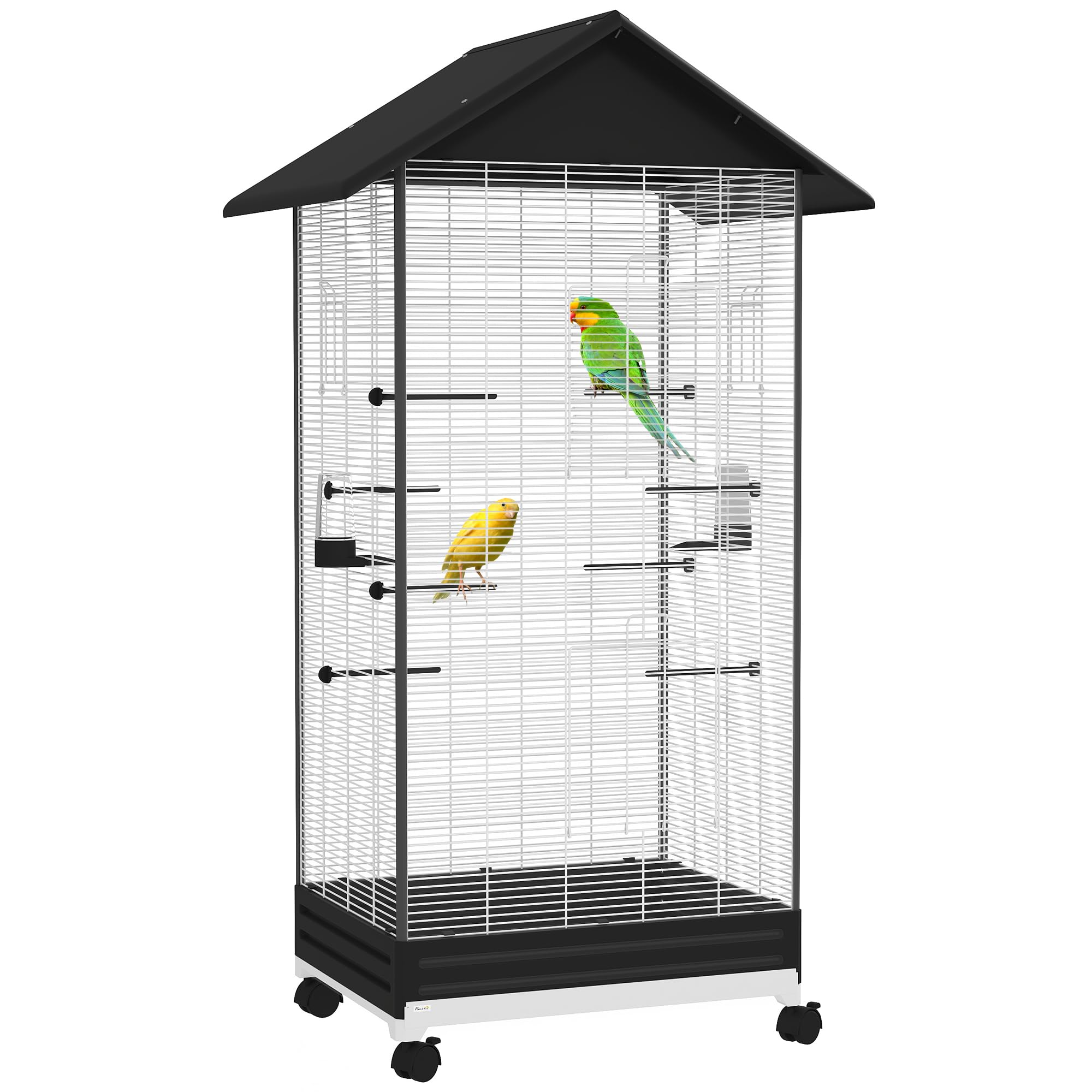 PawHut Cage Oiseau sur Pied Volière sur roulettes 79 x 65 x 155 cm Noir | Intérieure, Plateau Coulissant, 2 Mangeoires, 8 Perchoirs, pour Pinsons Canaris, Fil d'Acier