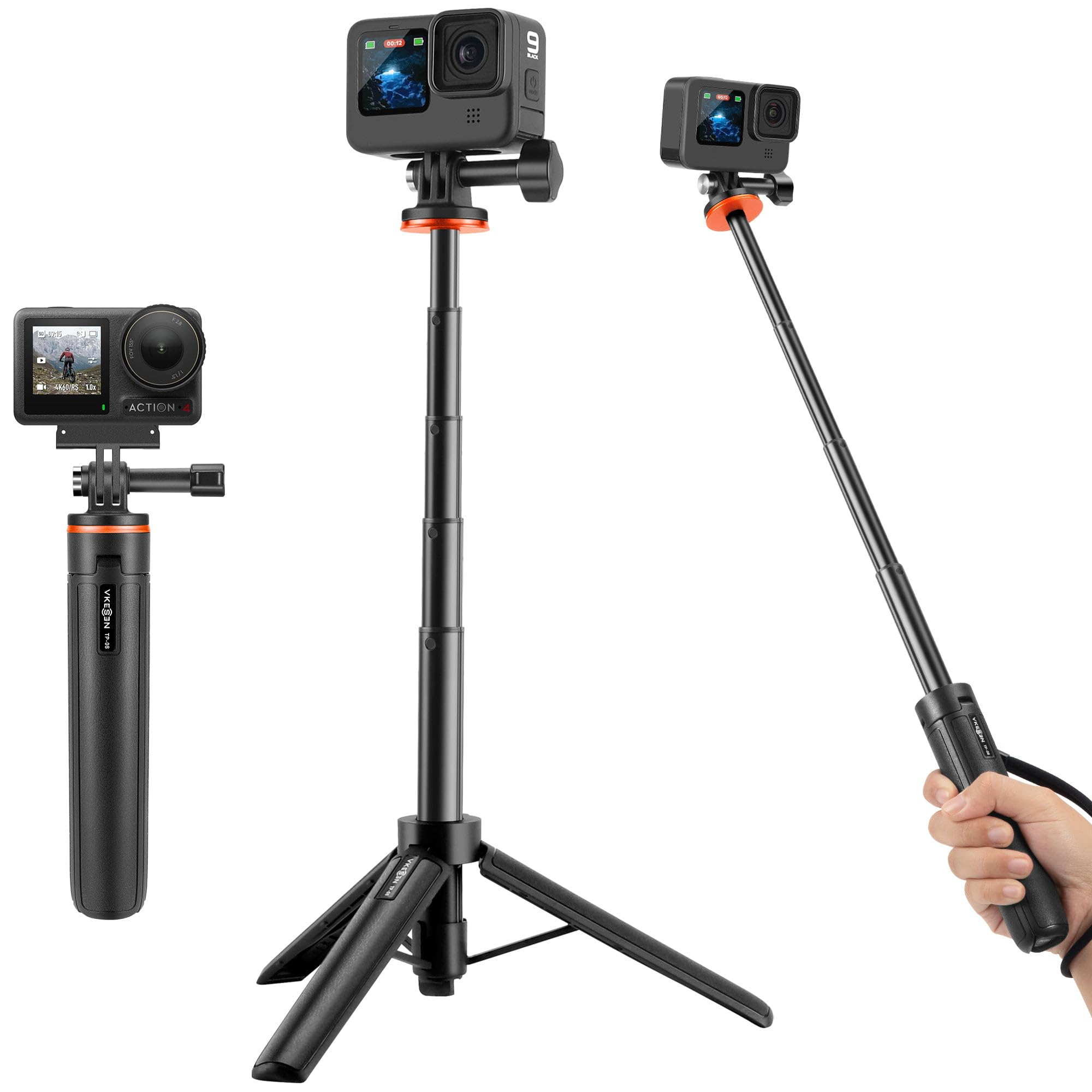 Vkesen Mini Trépied avec Rallonge Pôle pour GoPro,Perche à Selfie pour Caméra Sport,Accessoires pour GoPro,Compatible avec Go Pro, Insta360 One R/RS,DJI Osmo Action,AKASO et Autres caméras d'action
