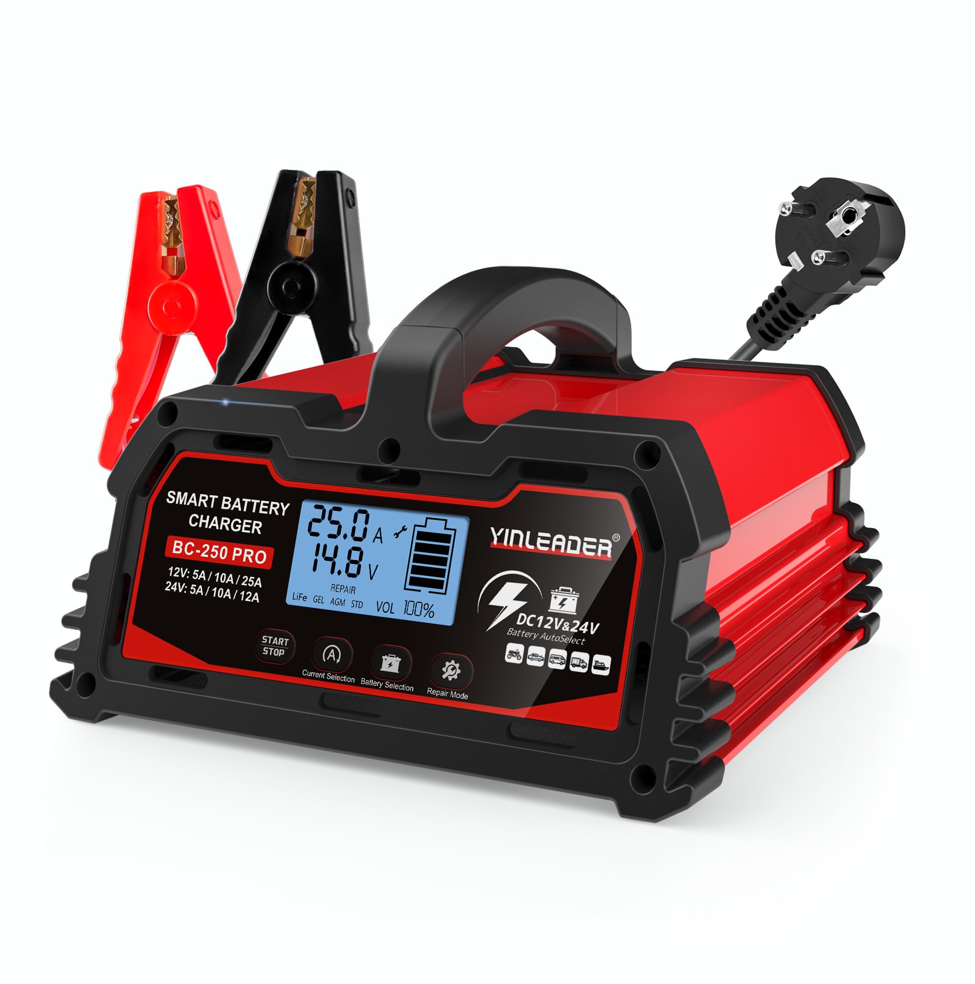 Chargeur de Batterie de Voiture Intelligent 25A 12V/24V 12A, Chargeur de Voiture LCD, mainteneur de Batterie pour AGM, Moto, Tondeuse à Gazon