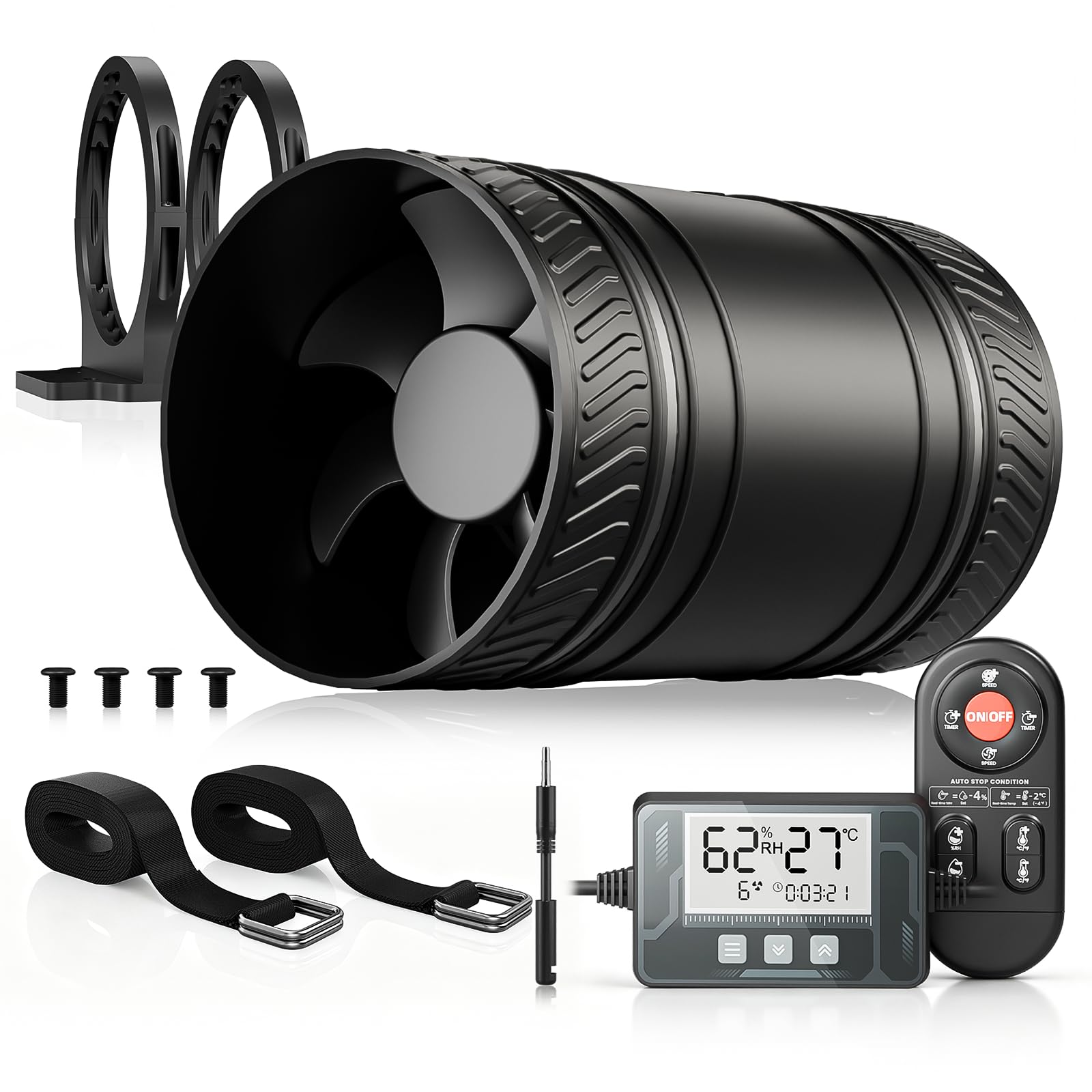 MOCINE Extracteur d’air en ligne 100mm avec capteur température et humidité | Télécommande, 6 vitesses, minuterie, ventilateur de conduit silencieux avec support de montage