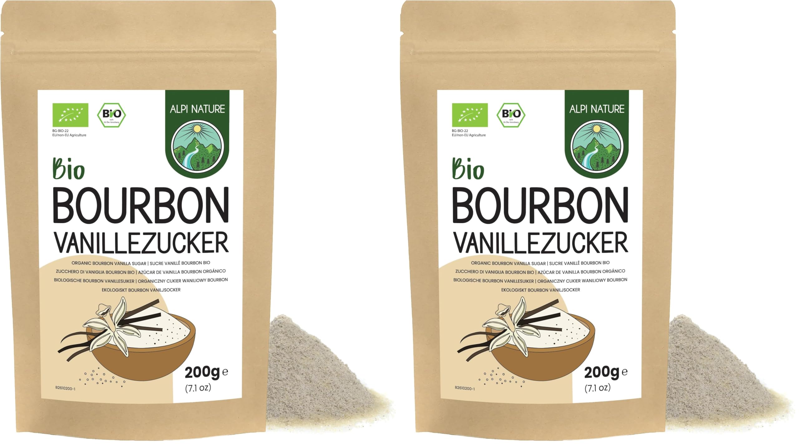 Alpi Nature Sucre Vanillé Bourbon BIO 200g, Premium Sucre de Canne en Poudre et Brut avec des Gousses de Vanille de Madagascar Moulues (Lot de 2)
