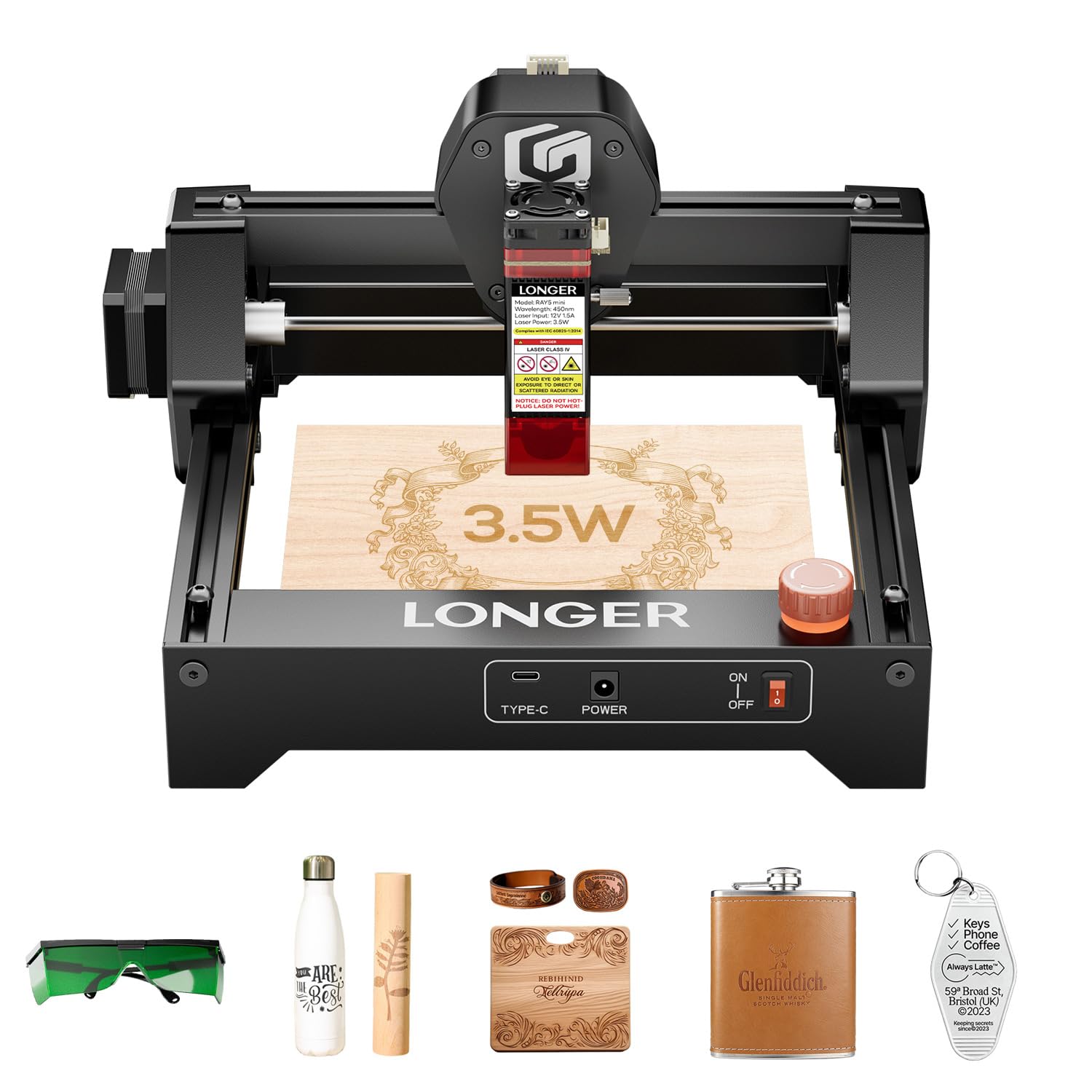 LONGER Ray5 Mini Graveur Laser CNC 3,5W - Haute Vitesse avec Wi-Fi, Arrêt d'Urgence, pour Gravure sur Bois, Acrylique et Cuir, Zone de Travail de 140 x 130 mm