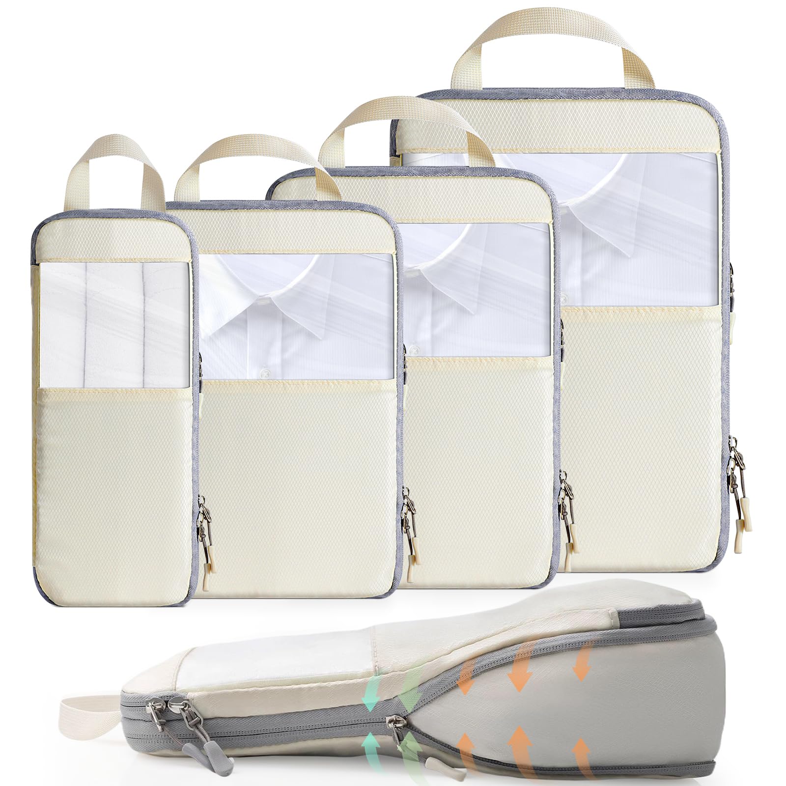 Cozary Organisateur Valise Rangement Valise, 4 pièces Packing Cubes Compression, Fenêtre Transparente – Idéal pour Voyage, Camping - Beige