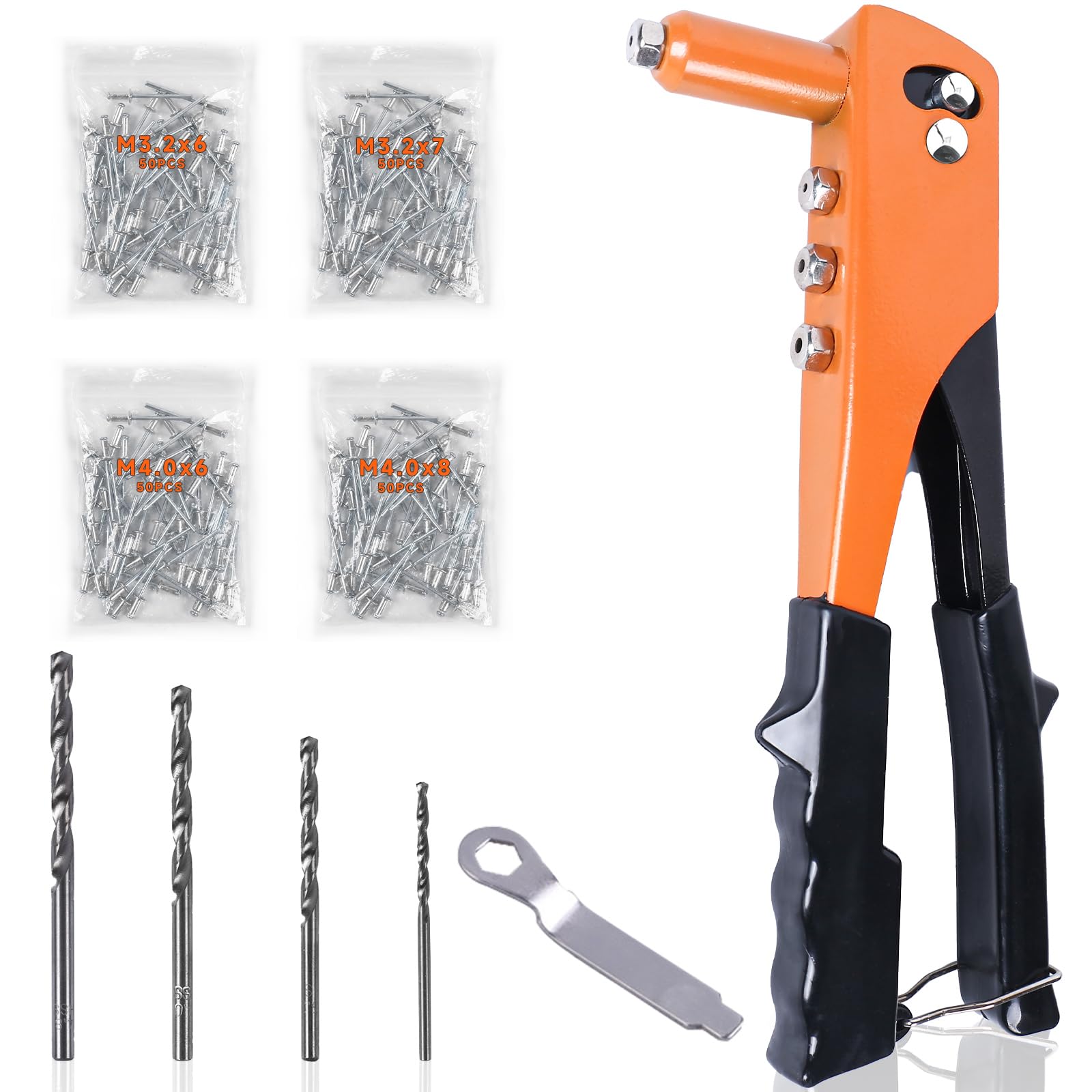 WUFANC Pince a Rivet Pop, Riveteuse Manuelle avec 200 Rivets et 4 Forets | Pas Facile à Déformer et à Plier, Pince à Rivet Pop Aveugles en Métal, Utilisé Pour Plaques D'immatriculati