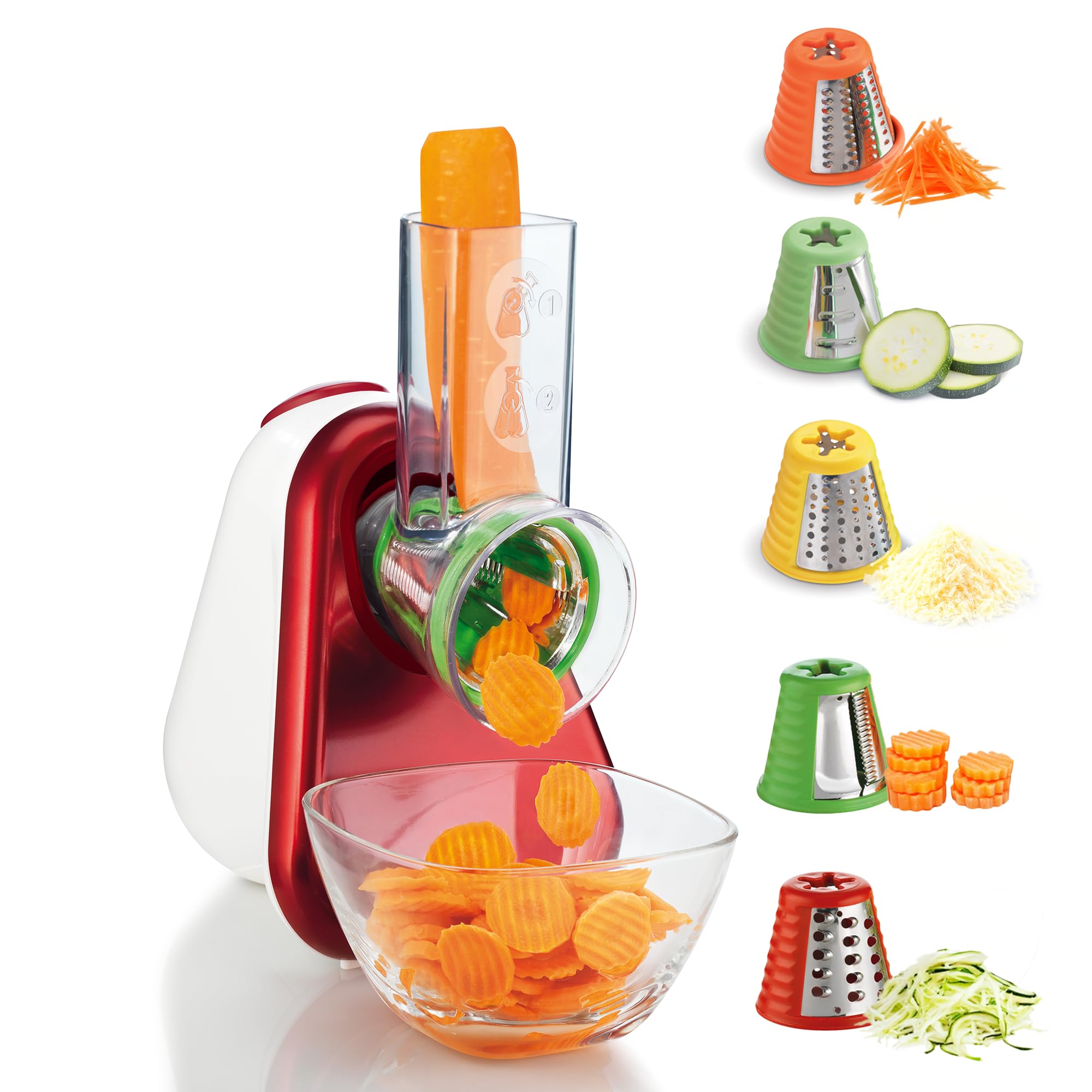 Moulinex - Fresh Express Découpe-légumes électrique 5 fonctions - Rouge | Râpe à légumes avec système Twist breveté, service direct - 5 cônes inox pour trancher, émincer, couper et râper vos aliments