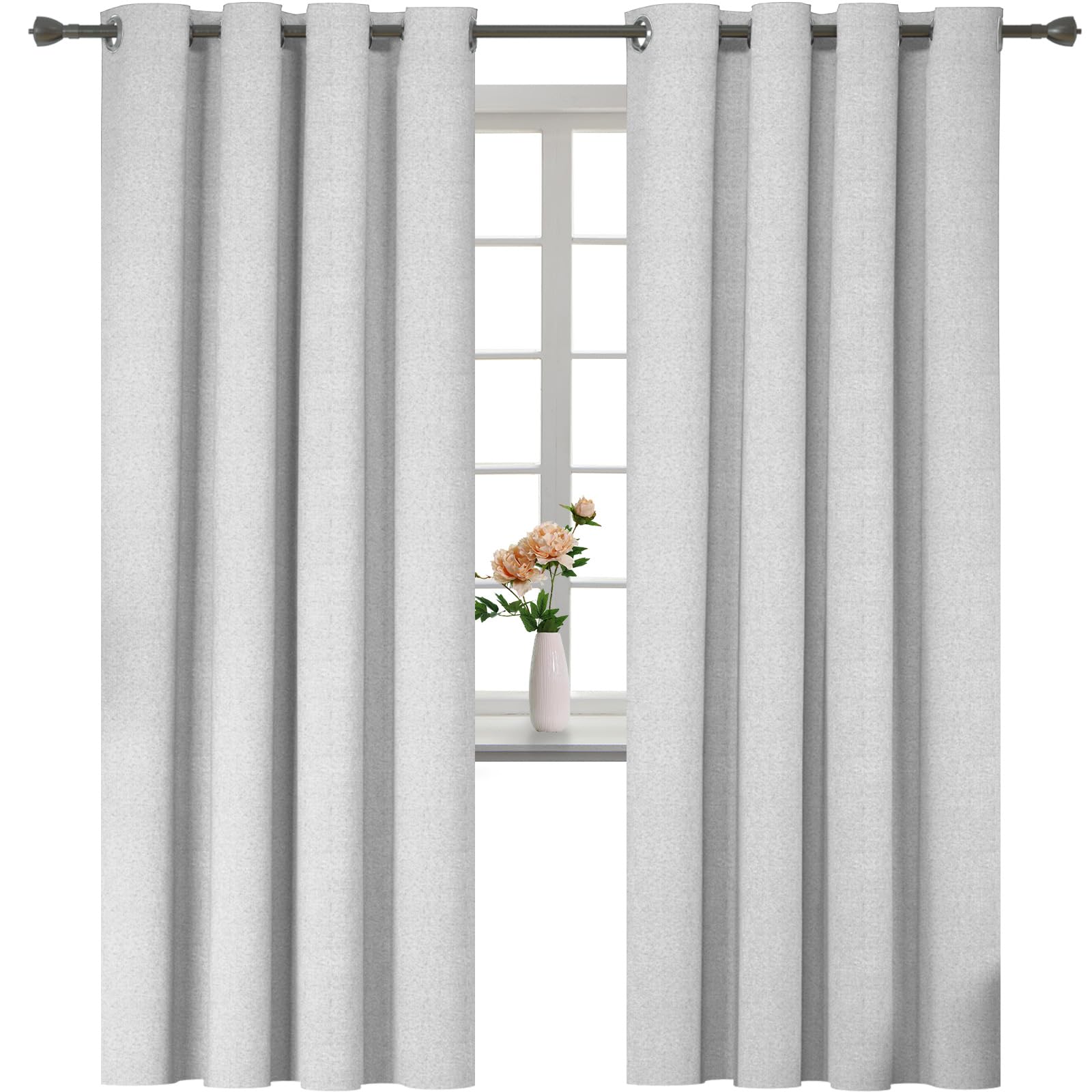 YSTELLAA Rideau 100% Occultant Effet Lin, Lot De 2, 140×240cm, Gris Blanc | Rideau Thermique Isolant Anti Froid Et Chaleur, À Oeillets, Anti Bruit, Pour Salon Et Chambre