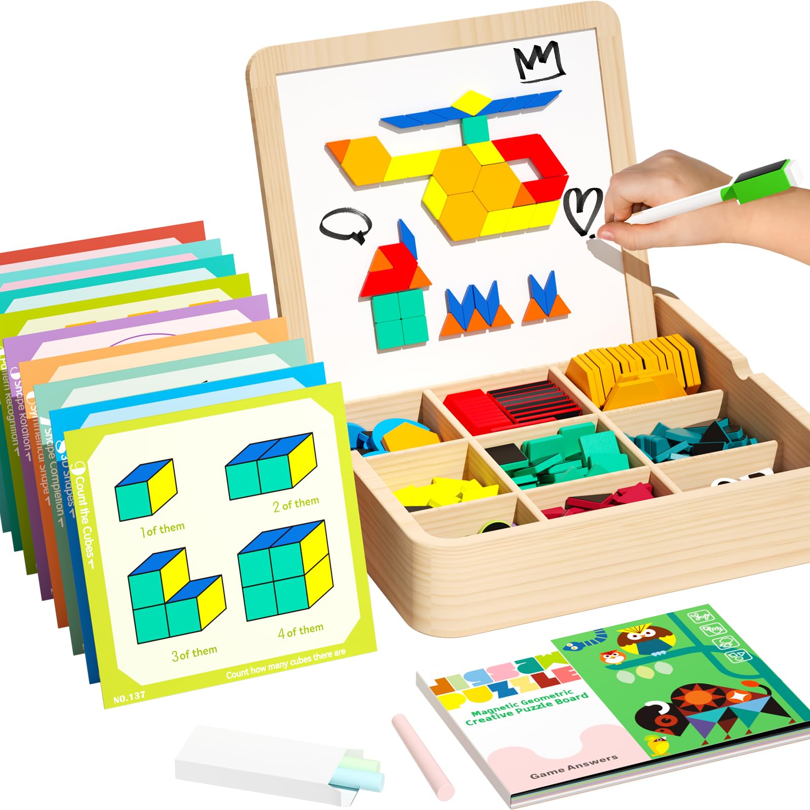 edutree Jeu de Tangram magnétique en Bois Montessori de 248 pièces, Jeux éducatifs STEM pour Enfants de 4 à 8 Ans, Puzzles créatifs avec Cartes et marqueurs.