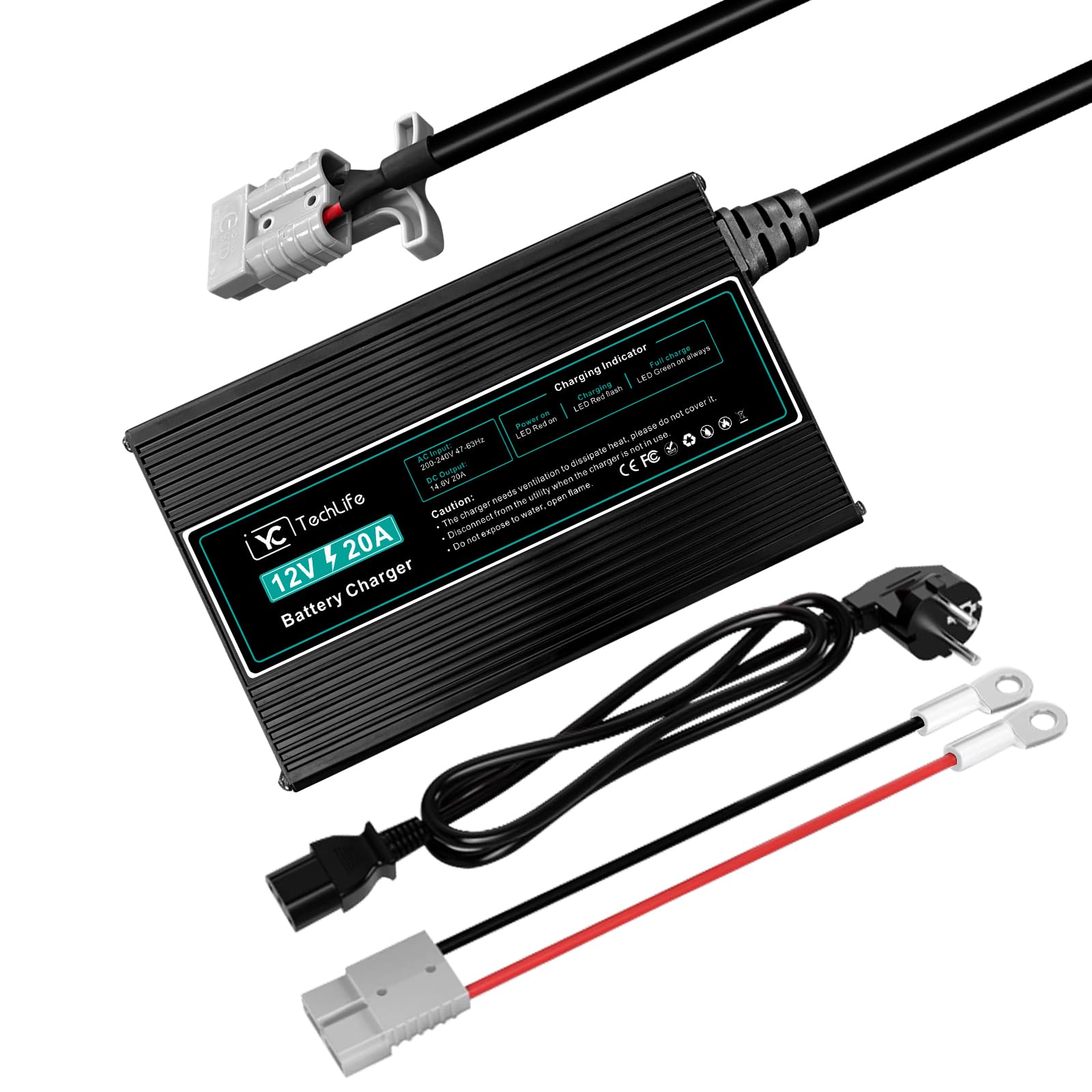 Chargeur Batterie Lithium, 12V 20A Chargeur LiFePO4 Compatible avec la Connexion Anderson Conçu pour Charger Les Batteries LiFePO4 à Cycle Profond de la Voiture RV Marine