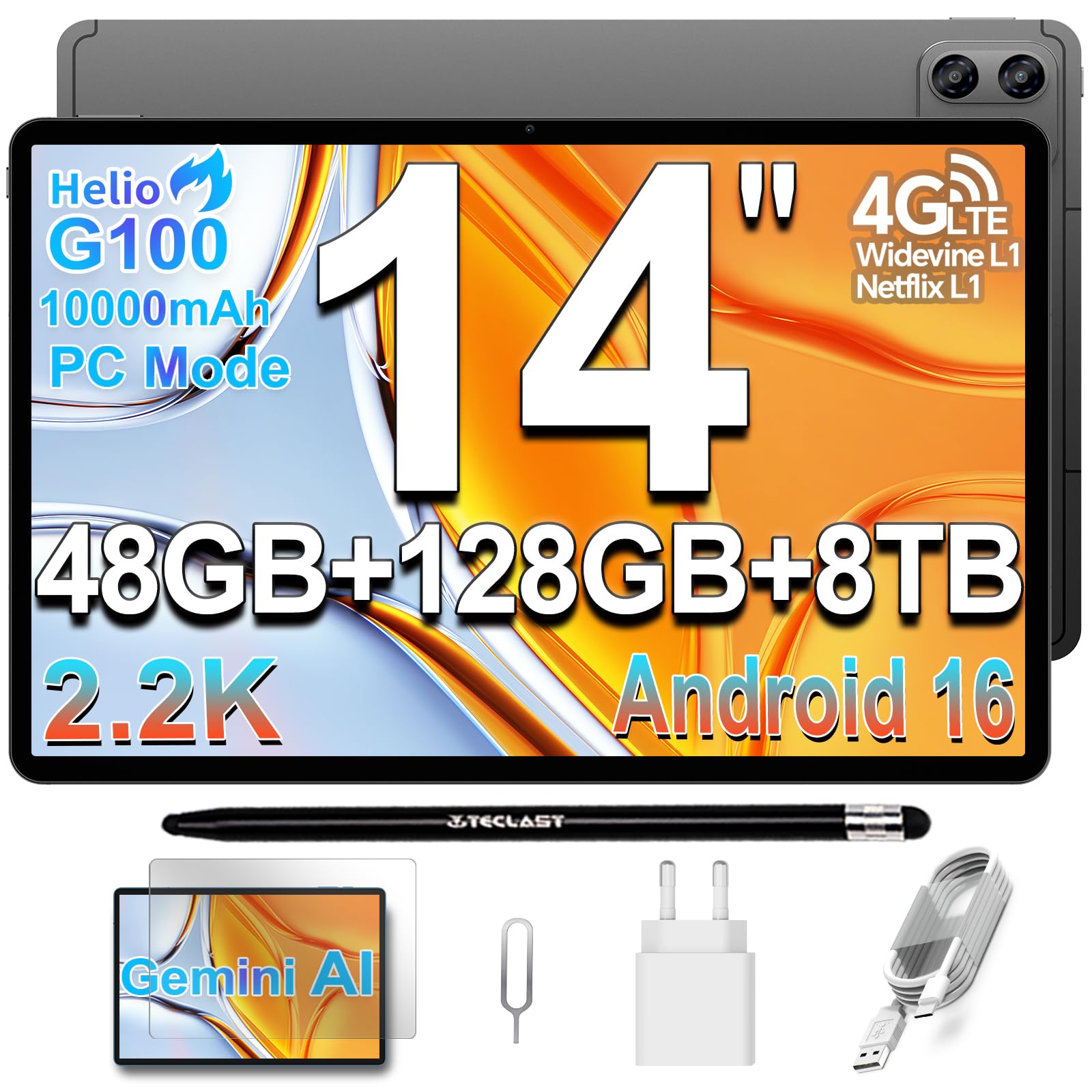 TECLAST T70PRO Tablette 14" 2.2K Android 16, G100 Octa-Core 2.2GHz,10000mAh | Double 4G LTE, 48Go+128Go+8To TF, Gemini AI, Mode PC, Widevine L1, GPS, 13MP+8MP, avec Chargeur 18W+Protecteur d'écran+Stylet