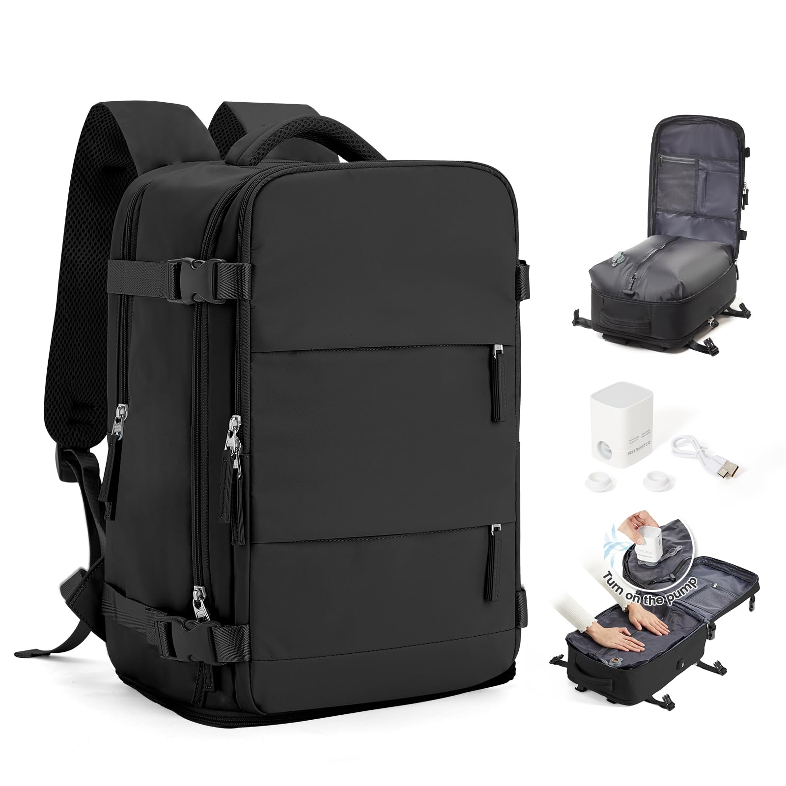 SEAFEW Sac à dos sous vide de voyage avec pompe 40x30x20 pour Ryanair/Wizz | Bagage cabine à main sous siège,compartiment ordinateur portable,weekend excursions courtes pour homme et femme,A01-Noir