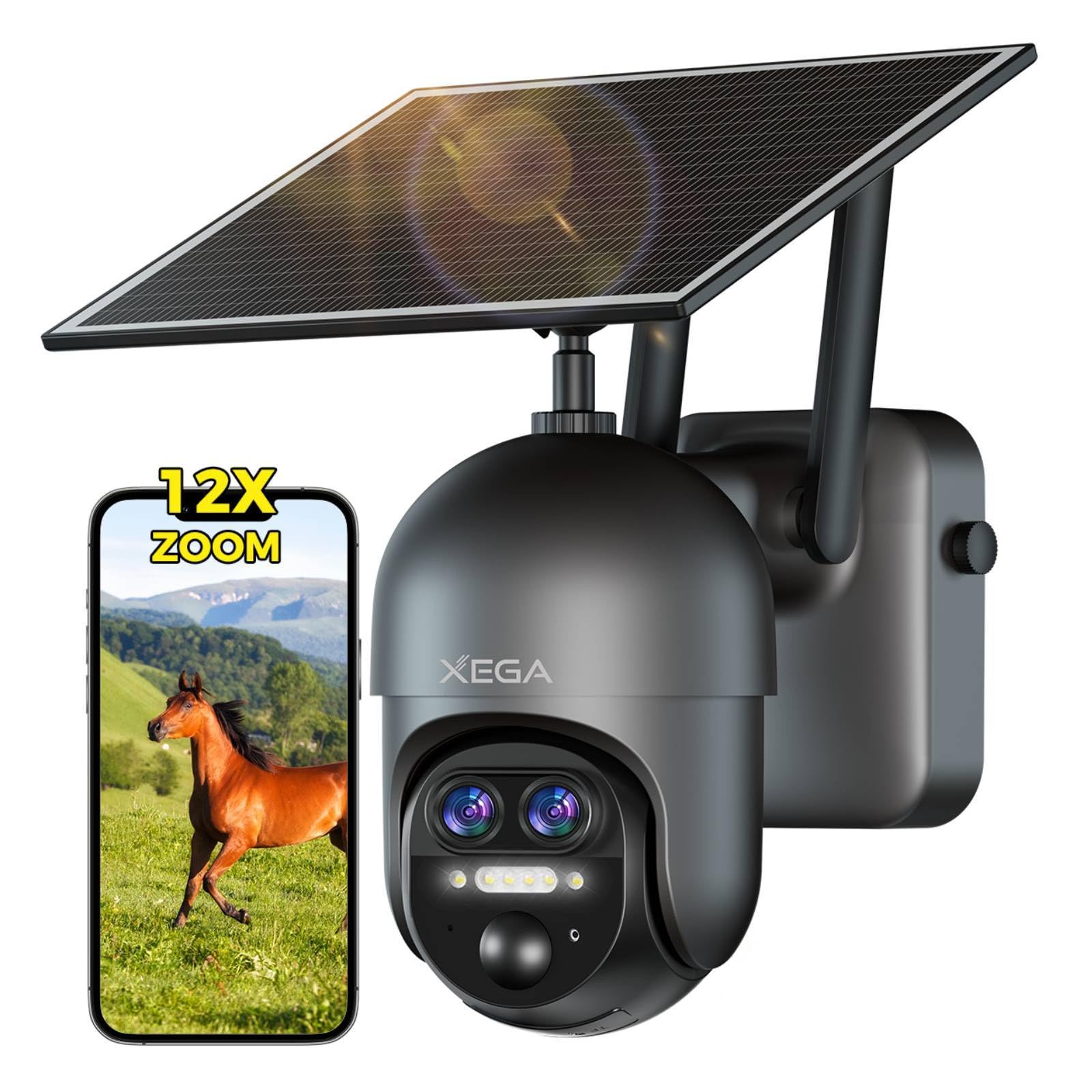 Xega Caméra de Surveillance Extérieure 4G LTE, Double Objectif, Carte SIM | Zoom Hybride 12x, Caméra Solaire, Rotation 360°, Détection PIR Humaine/Mouvement, Audio Bidirectionnel, IP66