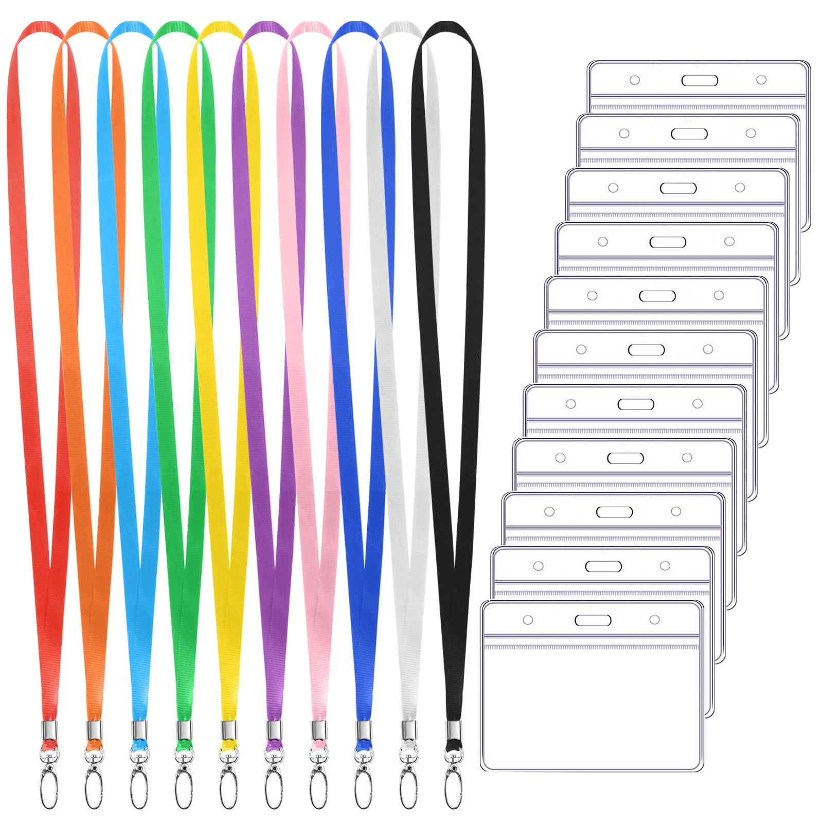 Hemiks 10 Pcs Porte Badge Tour de Cou | 10 Porte-Badge Transparent et 10 Cordon Coloré avec Crochet Pivotant, Porte Carte Tour de Cou pour Badge ID, Étudiant, Accès