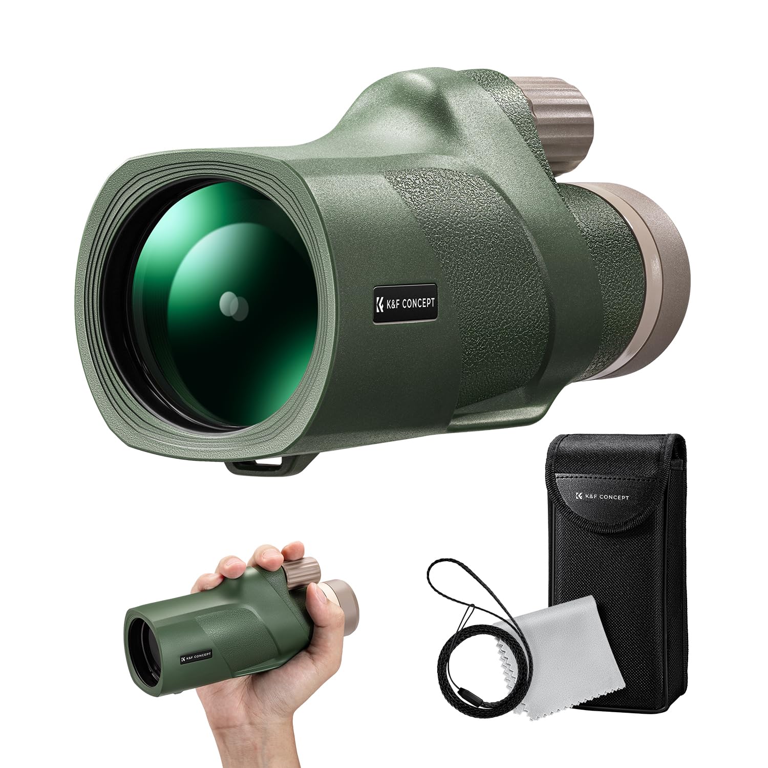 K&F CONCEPT Telescope Monoculaire 12X50 HD Étanche BAK4 Prisme Revêtement Vert Téléscope avec Interface Trépied pour Observation Oiseaux, Chasse, Randonnée (IP66 Étanchéité Vert)