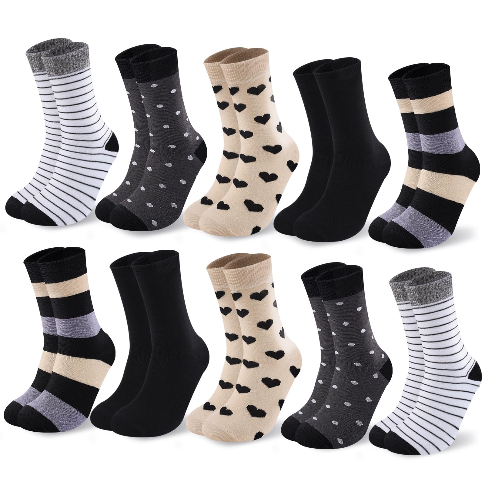 Cirorld 10 Paires Chaussettes Femme Coton Colorées 39-42, Mi-Hautes, Sport Confortables, Hiver Respirantes, Motifs Rayures/Pois