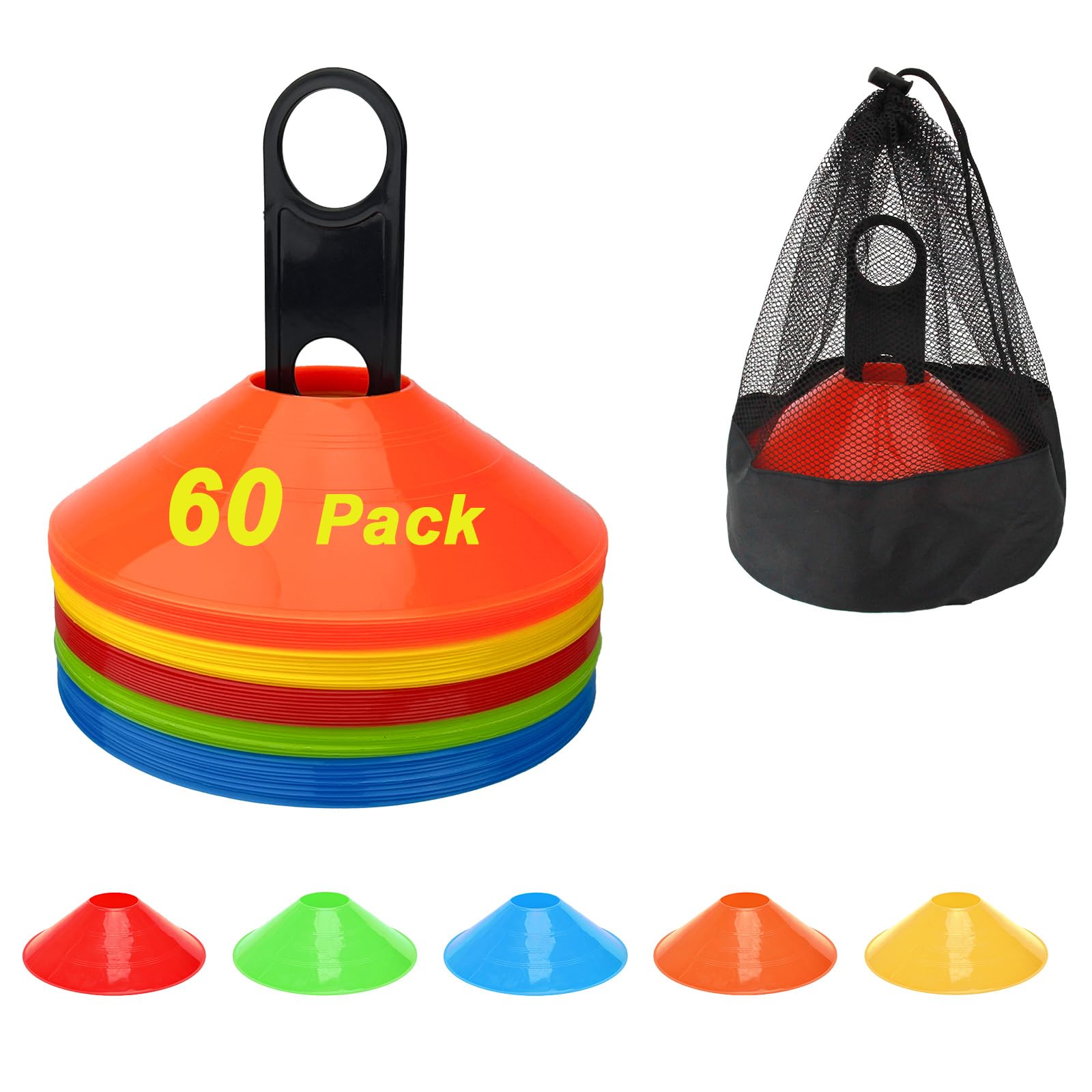 BIRDDIE Lot de 60/120 cônes d'entraînement de football, de sport, de football, de marquage d'agilité, avec sac de transport et support pour exercices, basket-ball, entraînement, équipement