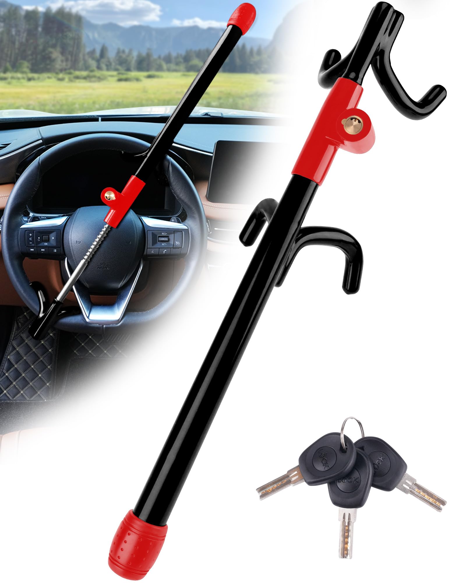 Tevlaphee Antivol Volant à 4 Crochets, Dispositif Antivol Robuste Haute Visibilité, Compatible Universel pour Voitures, Vans, SUV, Convient aux Volants jusqu'à 41,5 cm, 3 Clés Incluses(Noir)