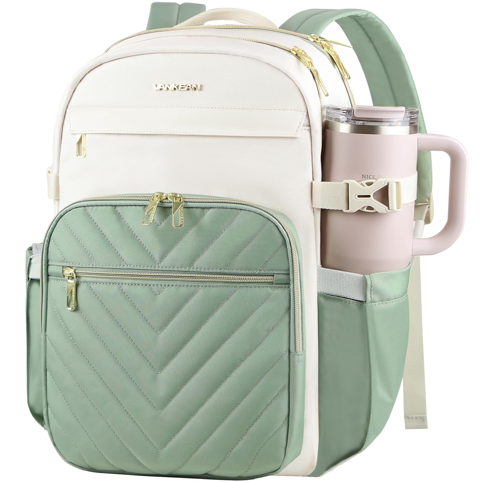 VANKEAN Sac à dos pour ordinateur portable de 15,6 pouces pour homme femme | sac à dos tendance, sac de voyage élégant, sac de voyage décontracté pour université,Beige-vert Clair