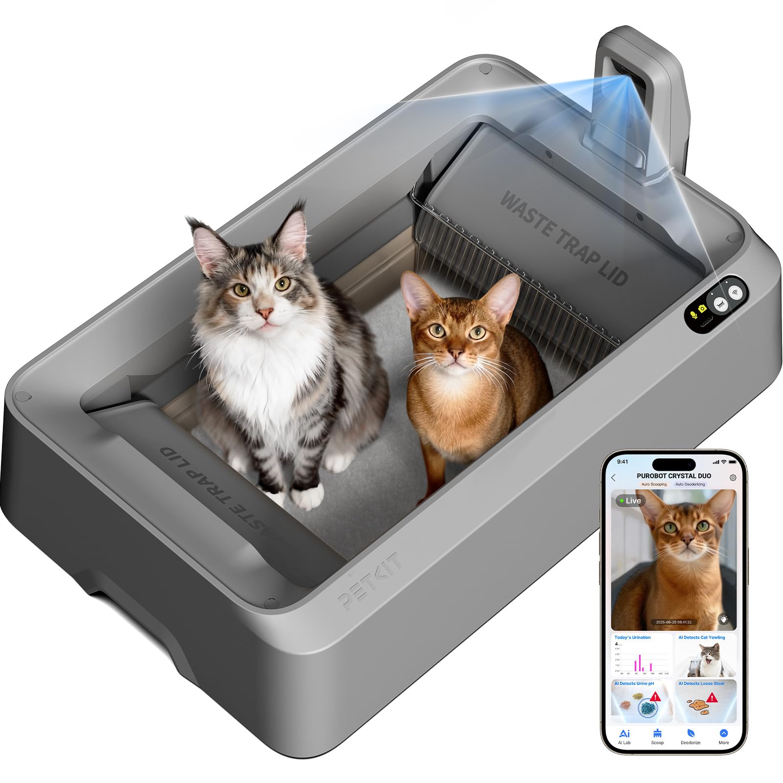 PETKIT PUROBOT Crystal Duo Litiere Chat Autonettoyante avec Caméra IA | Espace Ouvert, Contrôle Via App, Surveillance de Santé,Double Désodorisation, Nettoyage Bidirectionnel, Anti-pincement (Gris)