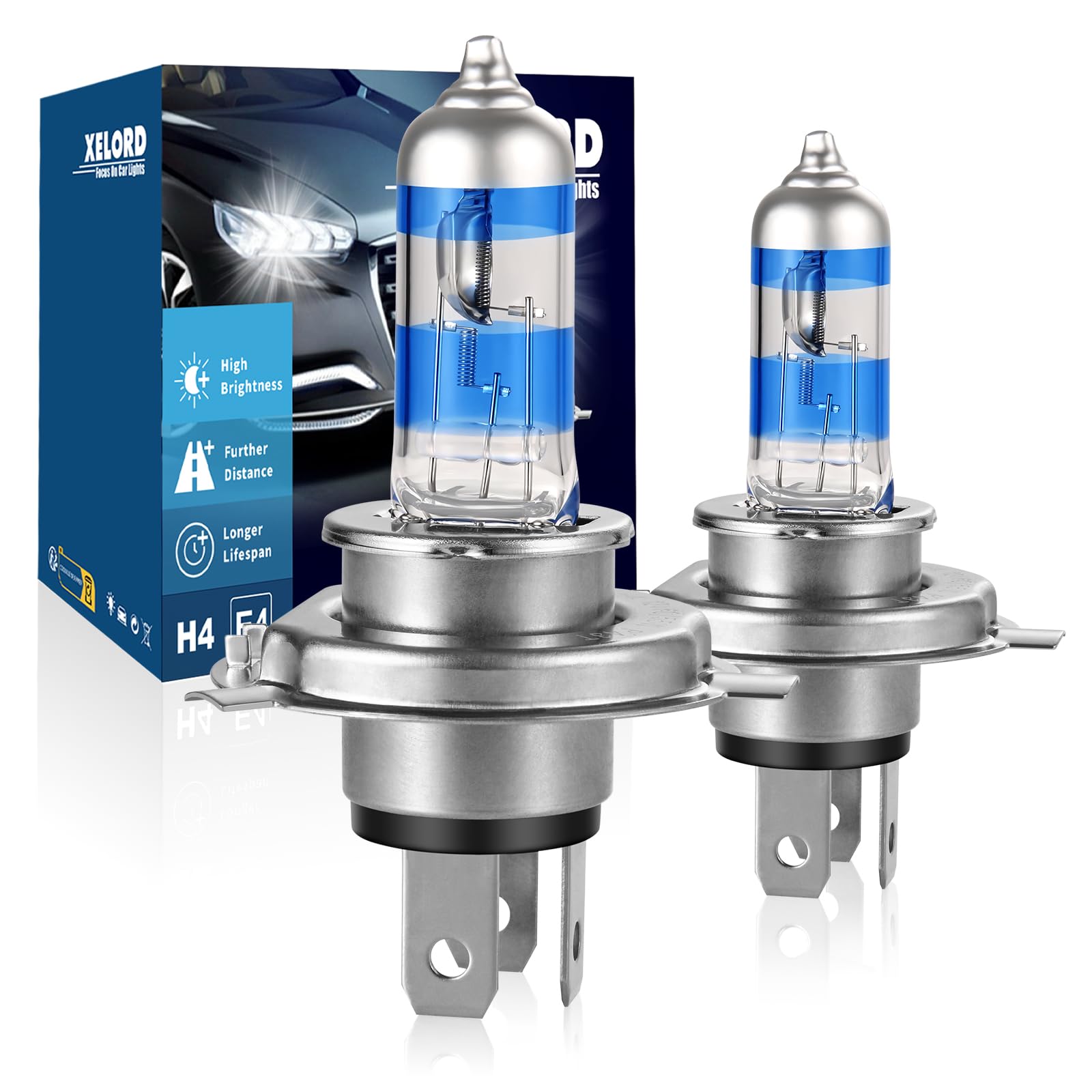 XELORD H4 Ampoules Halogènes 55W 12V pour Phares, Lot de 2 | Pour phares automobiles, Plug and Play, Blanc 5000K, Éclairage clair, Faisceau lumineux précis
