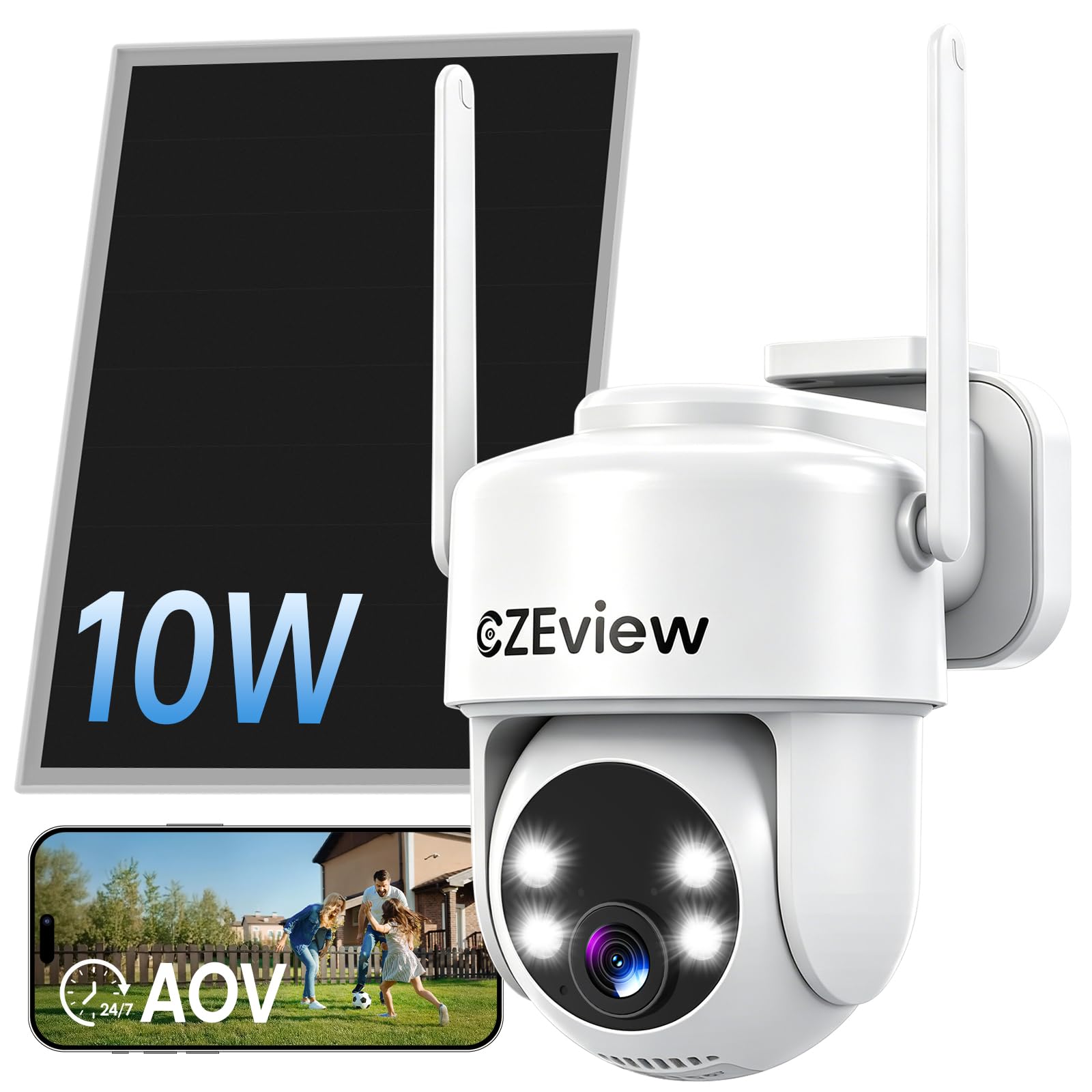 CZEview AOV 10W Caméra Surveillance WiFi Extérieure Solaire sans Fil, 4MP | 24/7 enregistrement vidéo continu, Suivi de mouvement, Détection 30m, Vision nocturne, étanche, Détection gratuite par IA