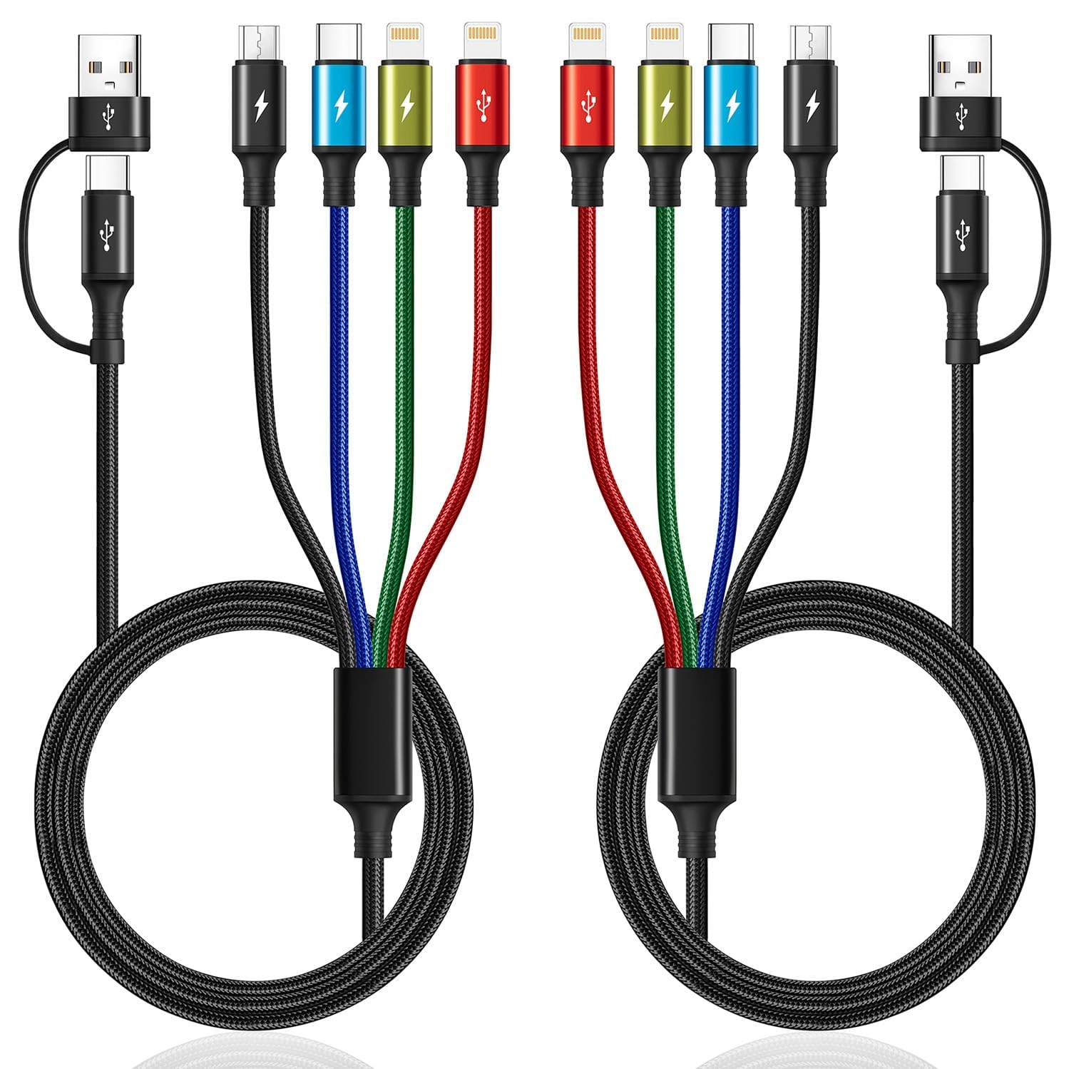 Minlu Câble de Charge 4 en 2, Cordon de Charge Rapide [Lot de 2 1,2 m] | 6 en 1 Câble Multi Chargeur, Câble USB Multi Embout USB A/C avec Micro/Type C/Lightning pour iPhone, Android, Galaxy,Tablette