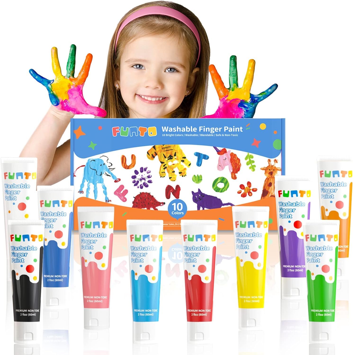 Funto Peinture au doigt pour enfants, 10 tubes de 60 ml, lavable, dès 3 ans | Cet ensemble de peinture prêt à l’emploi simplifie la prise en main et le nettoyage pour créer facilement en famille.