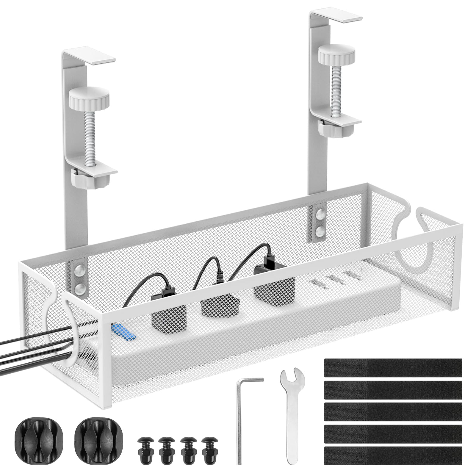 DECOHOME Cable Management Bureau sans Perçage, Panier Câbles Métal Blanc | Passe-câbles à pince, sans vis ni adhésif : plateaux de 1 à 5 cm, patins caoutchouc anti-rayures, maille aérée 34x12 cm