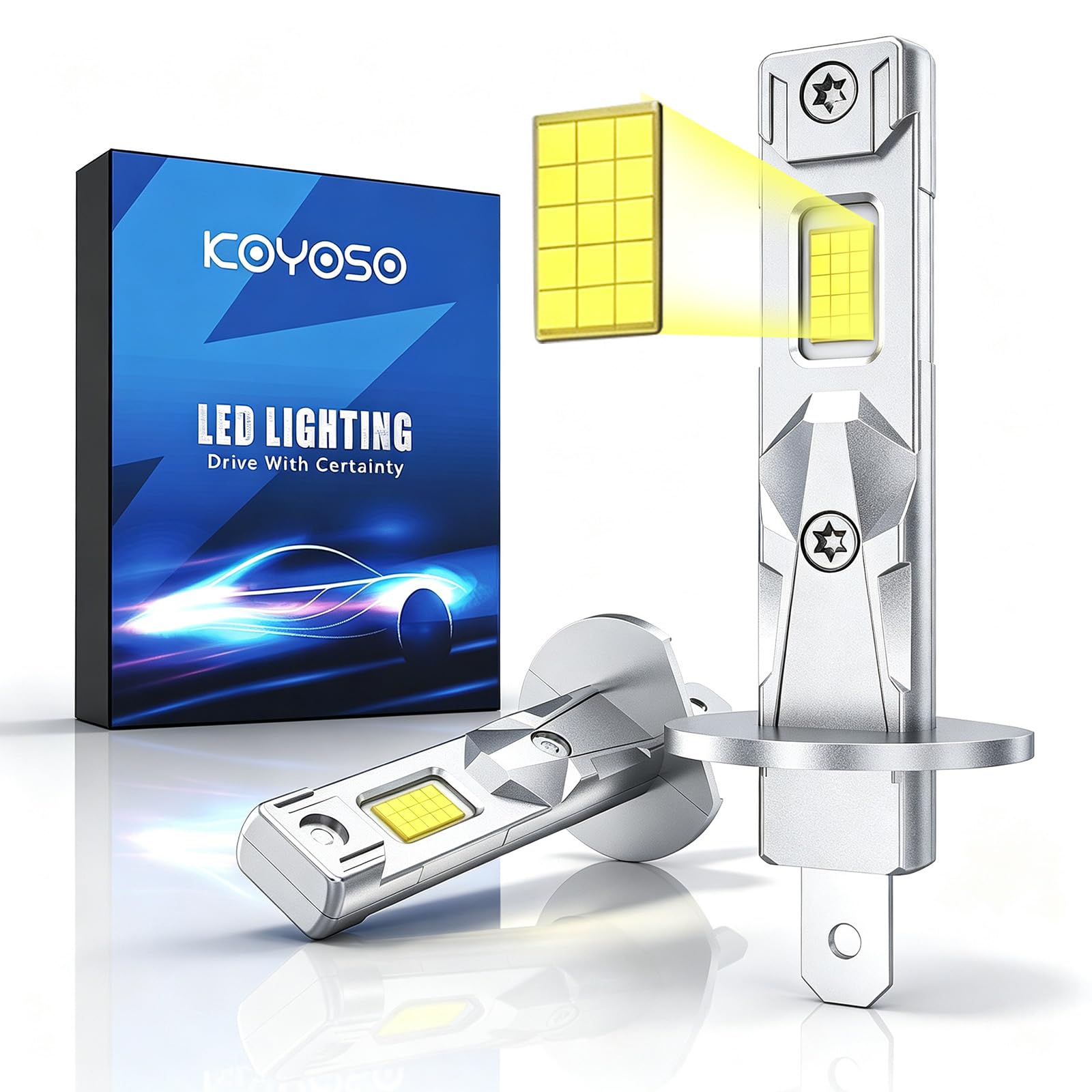 KOYOSO Ampoules H1 LED 32000LM 110W pour 12V Automobiles, 6500K Blanc,2PCS | Newly Upgraded 30 LED Chips,1:1 Size, CANBUS Ready,IP68,Plug&Play,No Adapter Required, Top Pick for Headlight Upgrade