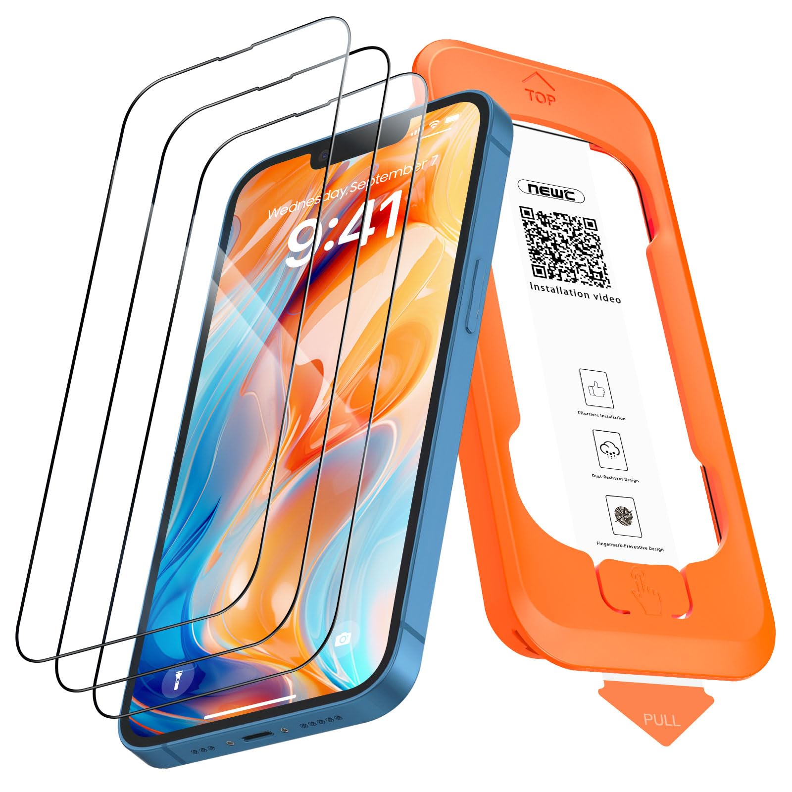 NEW'C Verre Trempé pour iPhone 16e/14/13/13 Pro, Outil Auto Inclus | Outil d'installation automatique inclus, Lot de 3, Transparent, Dureté 9H, Anti-rayures, Sans bulles, Vitre Protection Écran