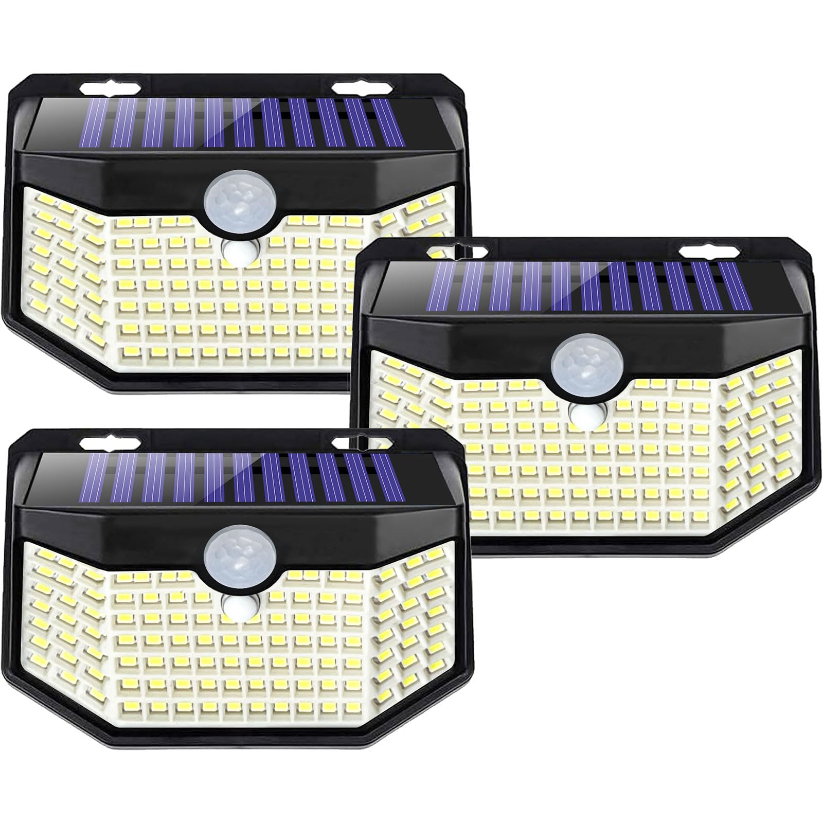 Aootek Lampe Solaire Extérieur Jardin Murale, Lot de 3, 120 LEDs, IP65 | Détecteur de Mouvement 8m, Forme Angulaire, Batterie Lithium, Coque Noire, Lumière Froide