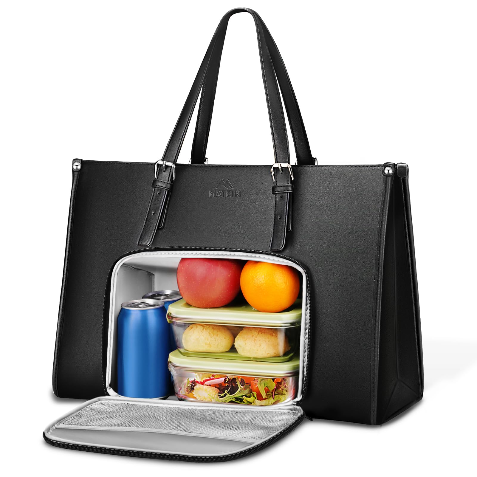 MATEIN Sac Cabas Femme 15,6 Pouces, Sac a Main pour Les Cours Lycee, Noir | Compartiment Isotherme, Grand Format, Sac a Main, Sacs de Travail Cuir PU, pour Les Cours Lycee, Universités, Voyage, Cadeau